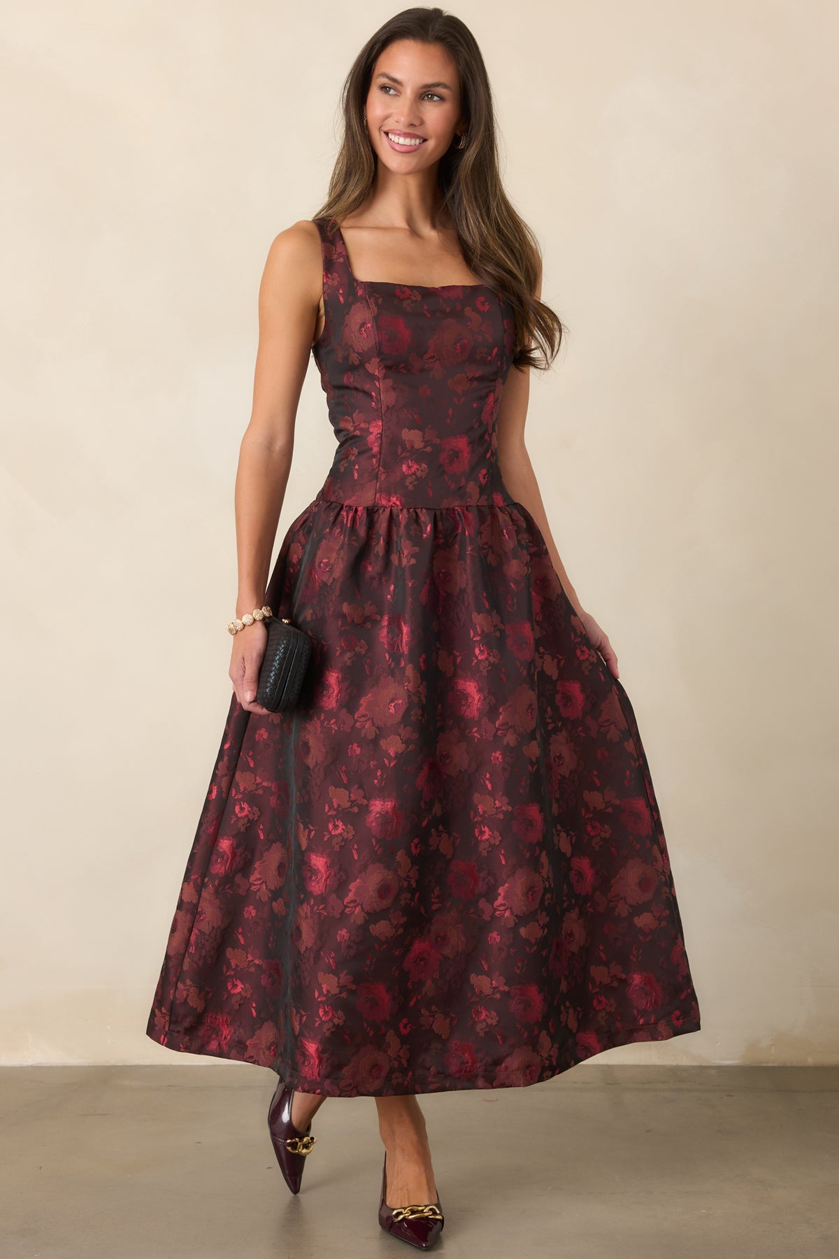 Woven floral midi dress with a fitted sleeveless bodice, square neckline, and gathered full skirt.