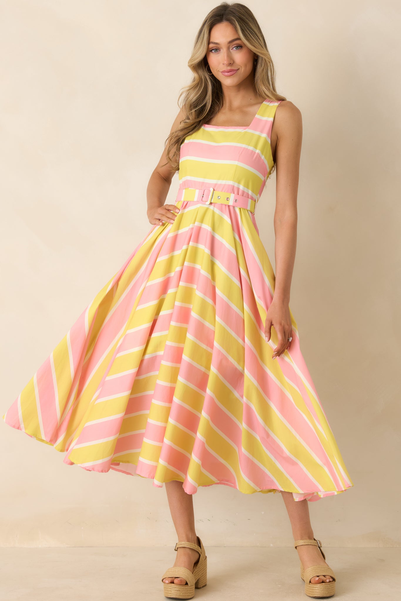 Women's Sunbeam Days Yellow & Pink Stripe Cotton Belted Midi Dress | Size: S | Red Dress Women's Sunbeam Days Yellow & Pink Stripe Cotton Belted Midi Dress | Size: S | Red Dress