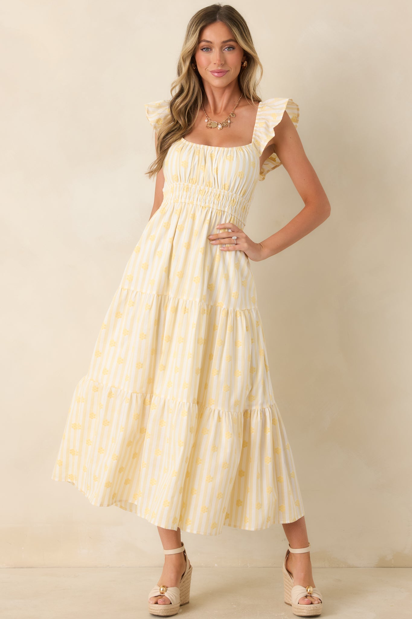 Women's Meadow Mornings Yellow Stripe Floral Embroidered Cotton Maxi Dress | Size: L
