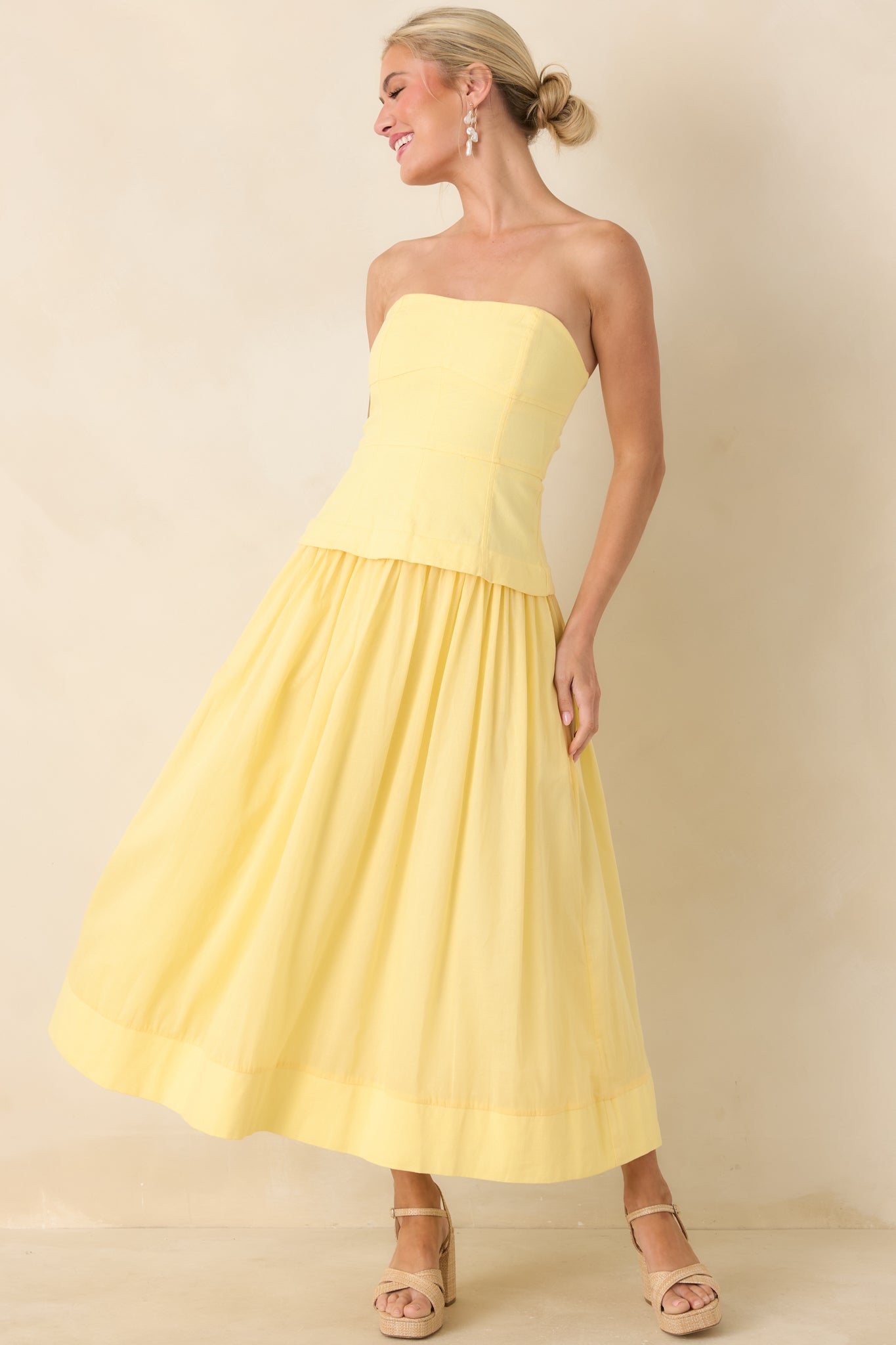 Women's You Already Know Yellow Cotton Bustier Bodice Strapless Midi Dress | Size: L | Red Dress Women's You Already Know Yellow Cotton Bustier Bodice Strapless Midi Dress | Size: L | Red Dress
