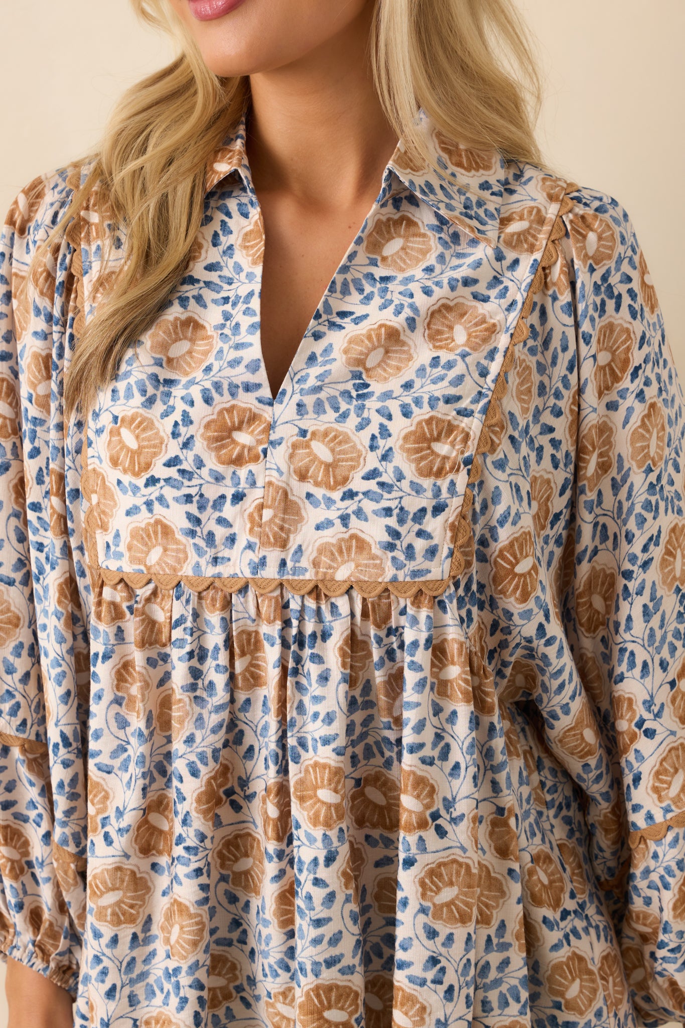 Close-up detail of the yellow yoke trim and floral fabric texture near the neckline.