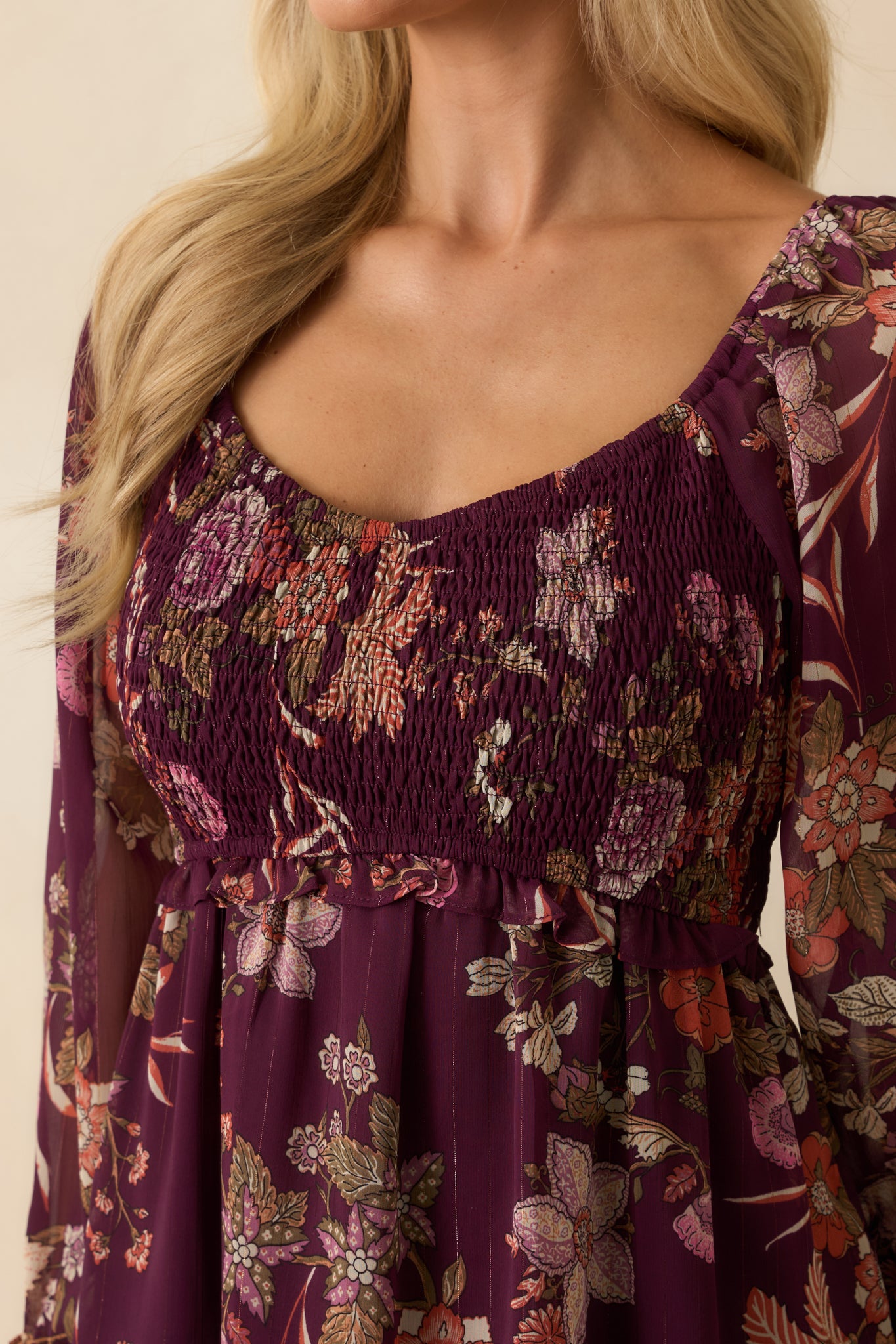 Zoomed-in view of smocked bodice, floral print, and delicate chiffon texture.