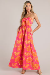 Beach Bliss Hot Pink & Orange Tropical Print Strapless Jumpsuit - Red Dress