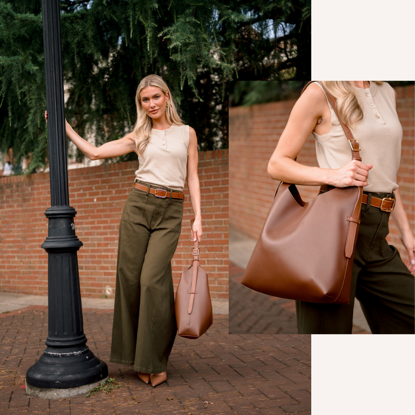 A woman outdoors wearing a beige sleeveless top, olive green wide-leg pants, and a brown belt, while carrying a large brown leather shoulder bag. The image includes a close-up inset of the bag being worn and held.
