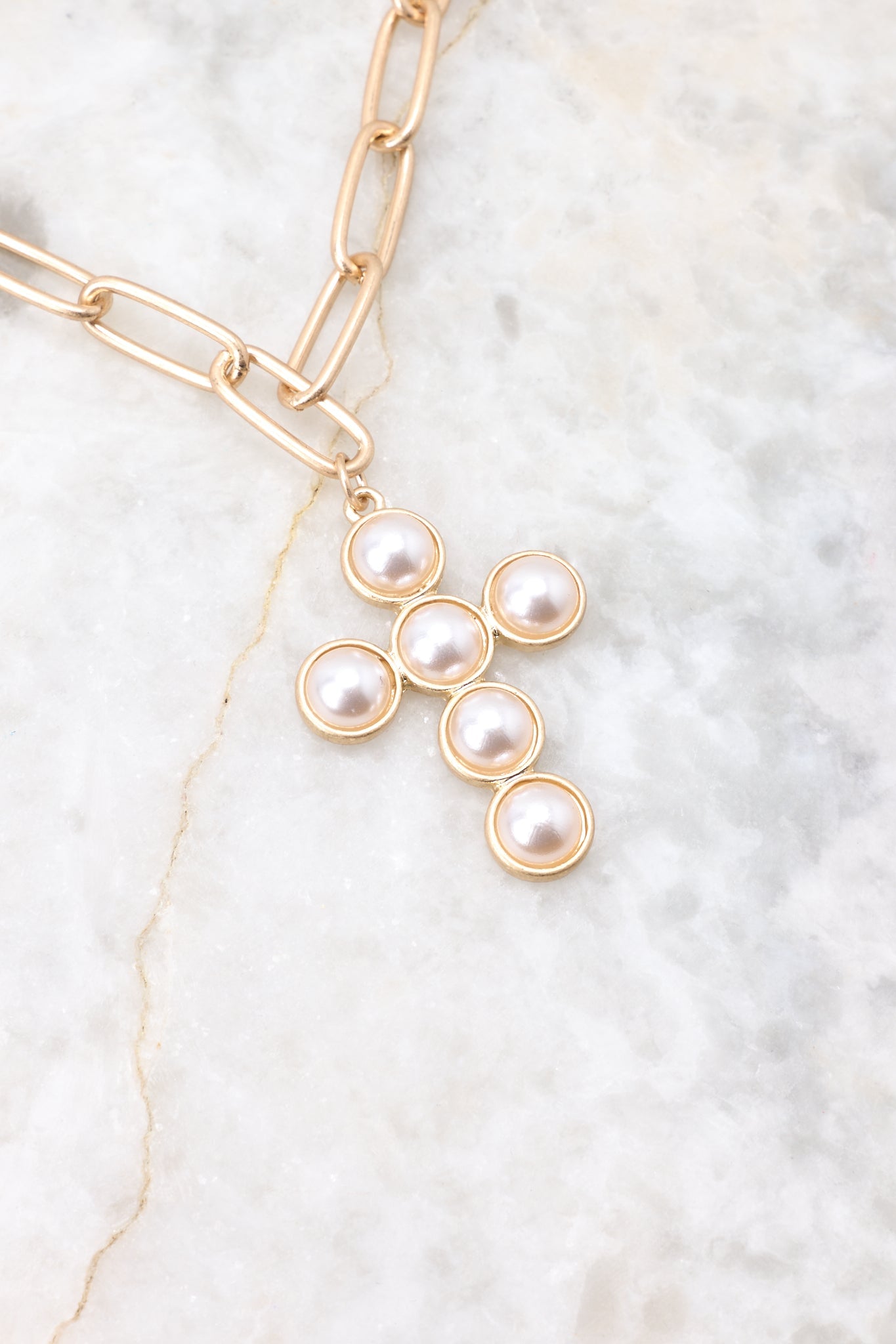 Beyond Heaven Gold Pearl Cross Necklace - Red Dress