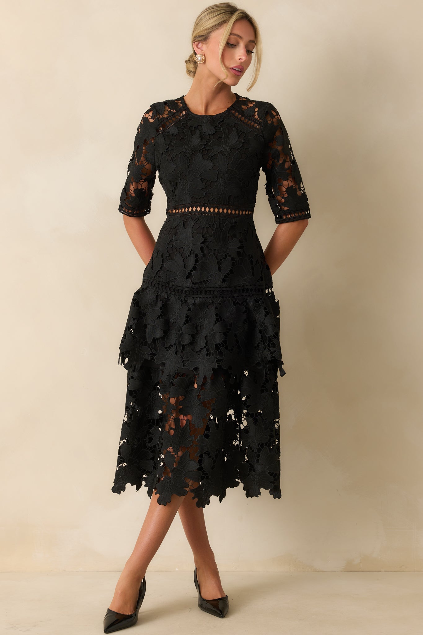 Black Lace Tiered Midi Dress Event Dresses Red Dress