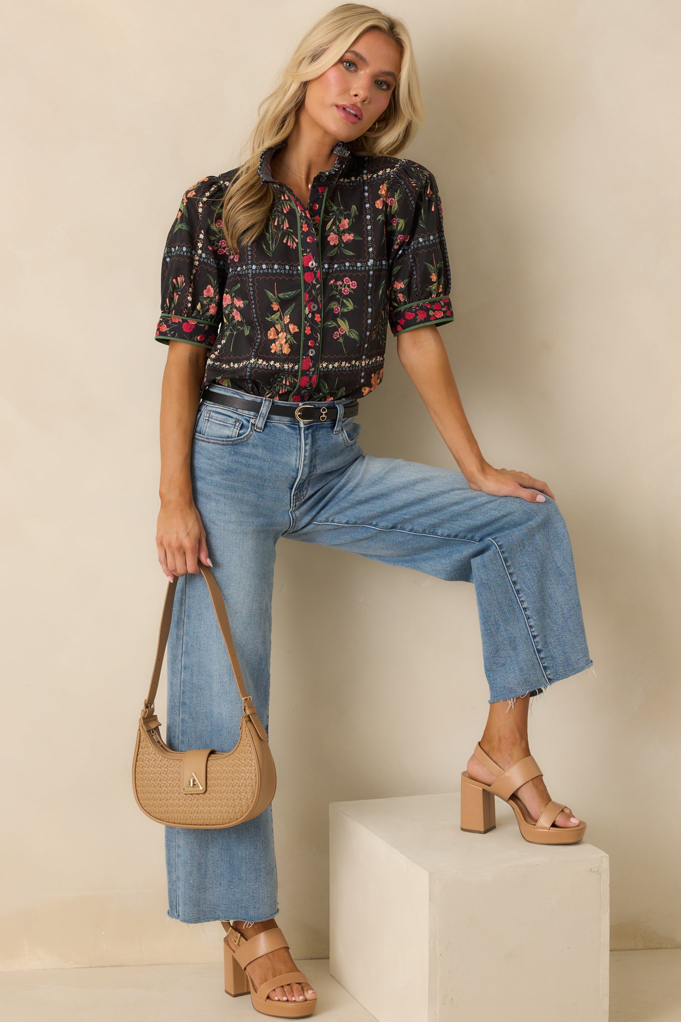 Black Floral Print Cotton Button Up Top - Casual Tops