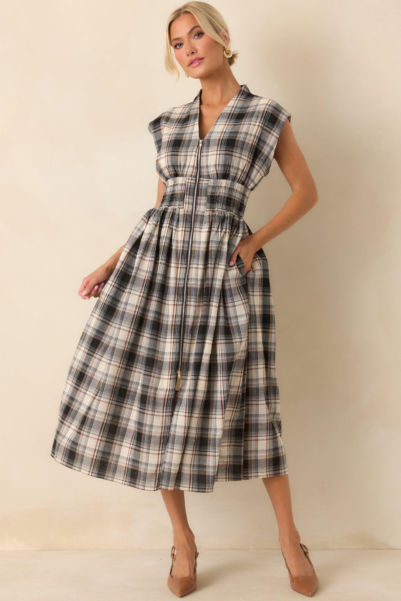 Front-facing image of the black midi dress emphasizing the structured shoulders, plaid pattern, and side pockets