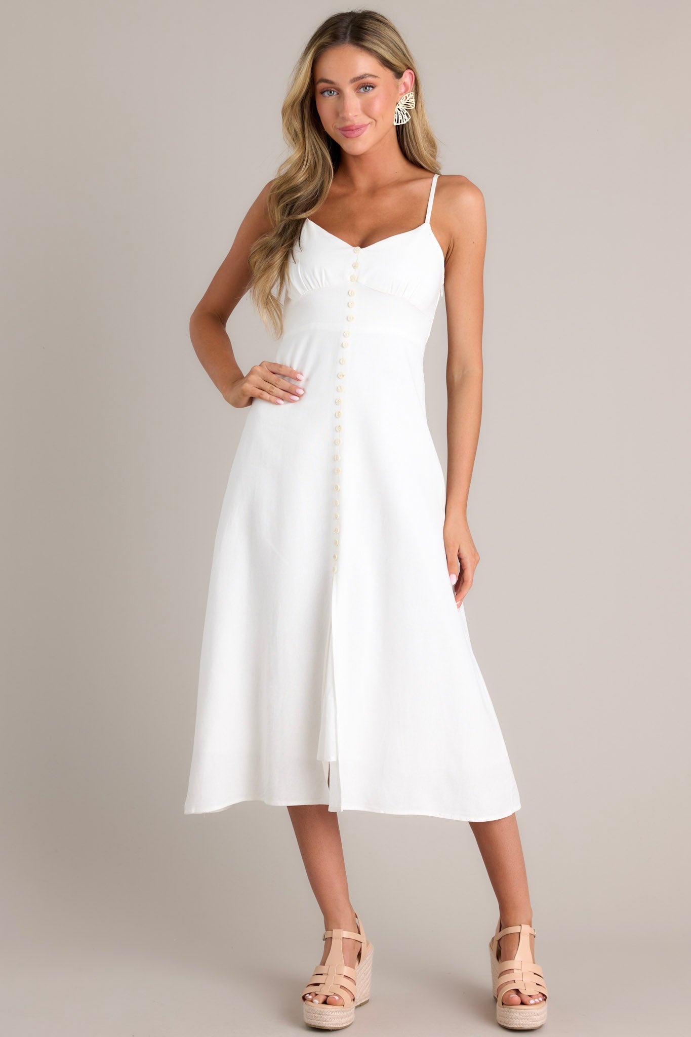 Ivory Faux Button Front Midi Dress - All Dresses | Red Dress Ivory Faux Button Front Midi Dress - All Dresses | Red Dress