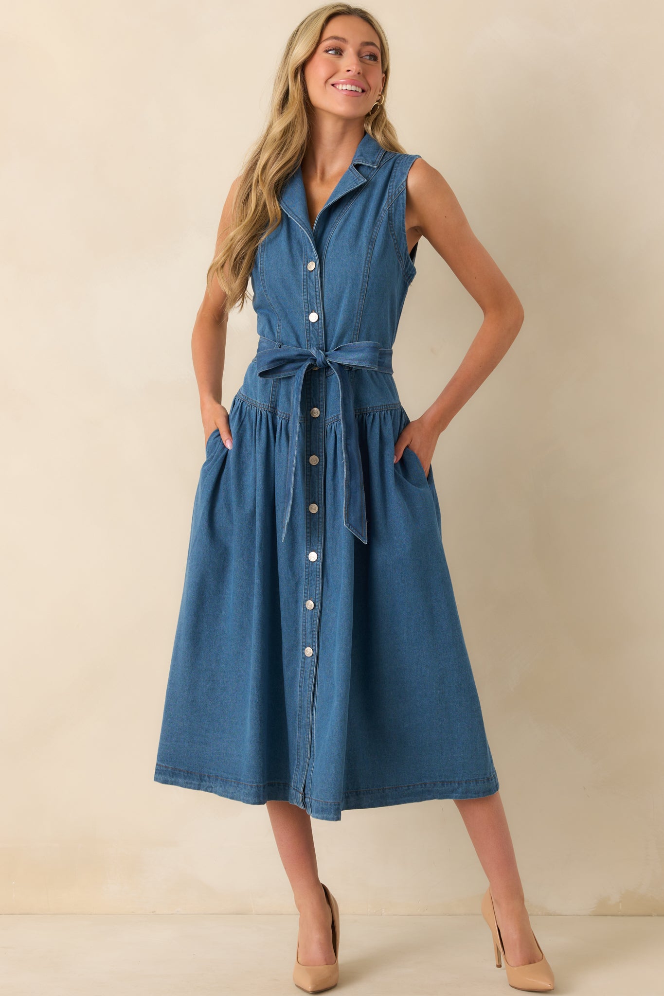 Riverside Sips Blue Denim Button Front Maxi Dress