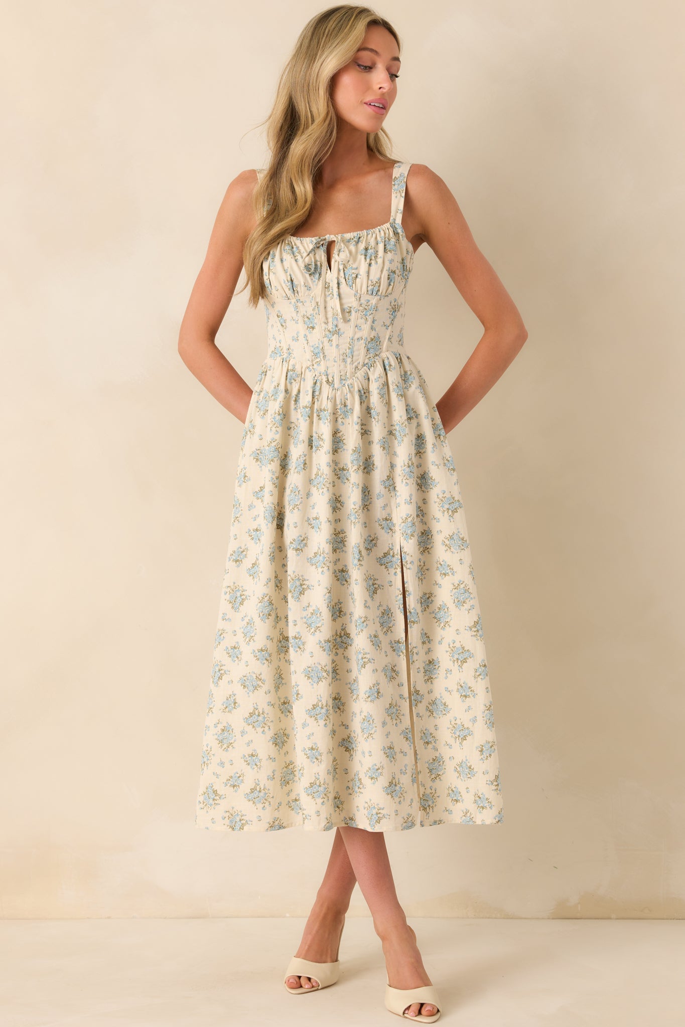 Women's Elegance with Edge Light Blue Floral Print Cotton Midi Dress | Size: S | Red Dress Women's Elegance with Edge Light Blue Floral Print Cotton Midi Dress | Size: S | Red Dress