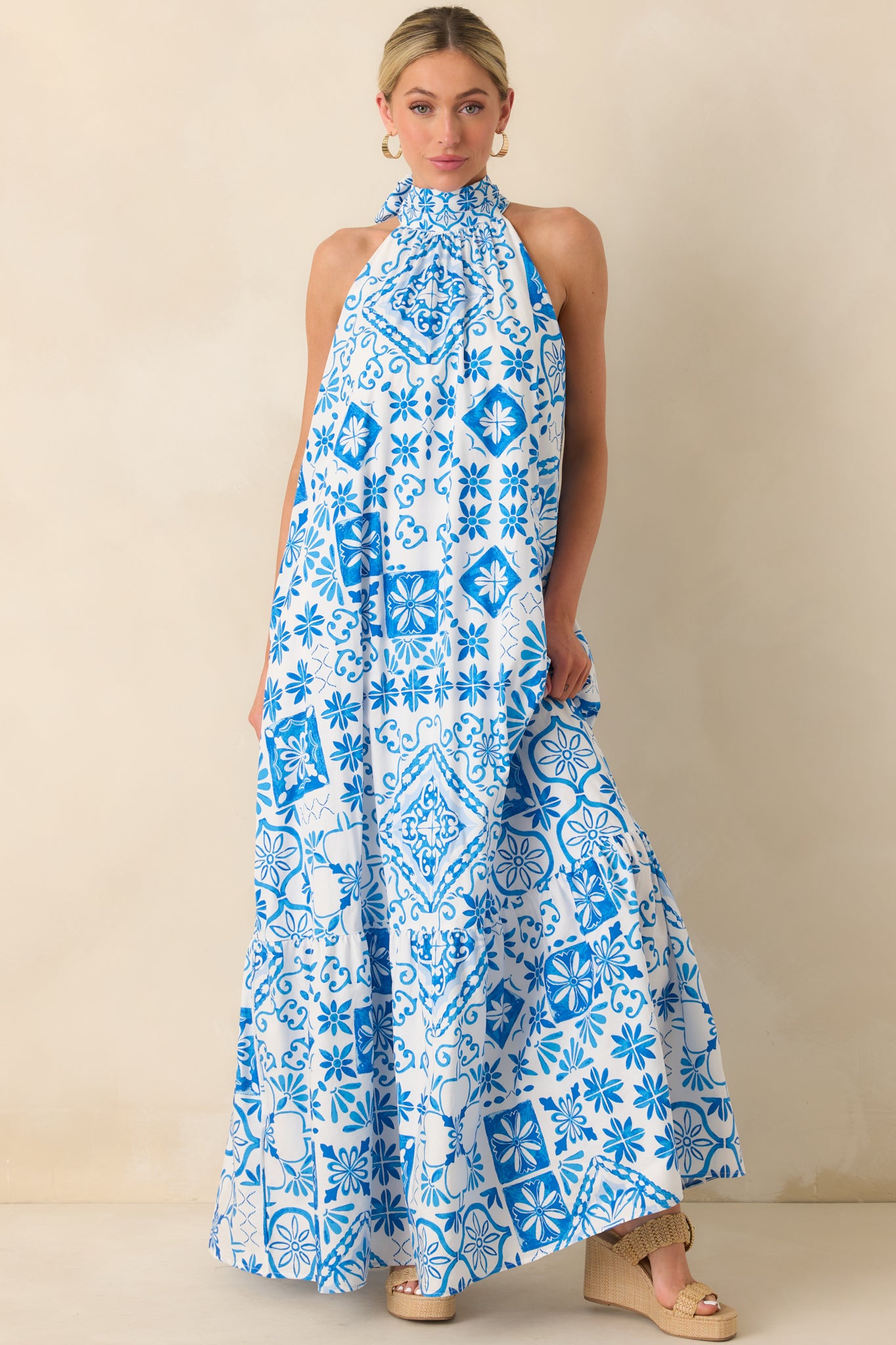 Prosperina Rebecca Halter Maxi Dress In Blue Tile Print | Red Dress Prosperina Rebecca Halter Maxi Dress In Blue Tile Print | Red Dress