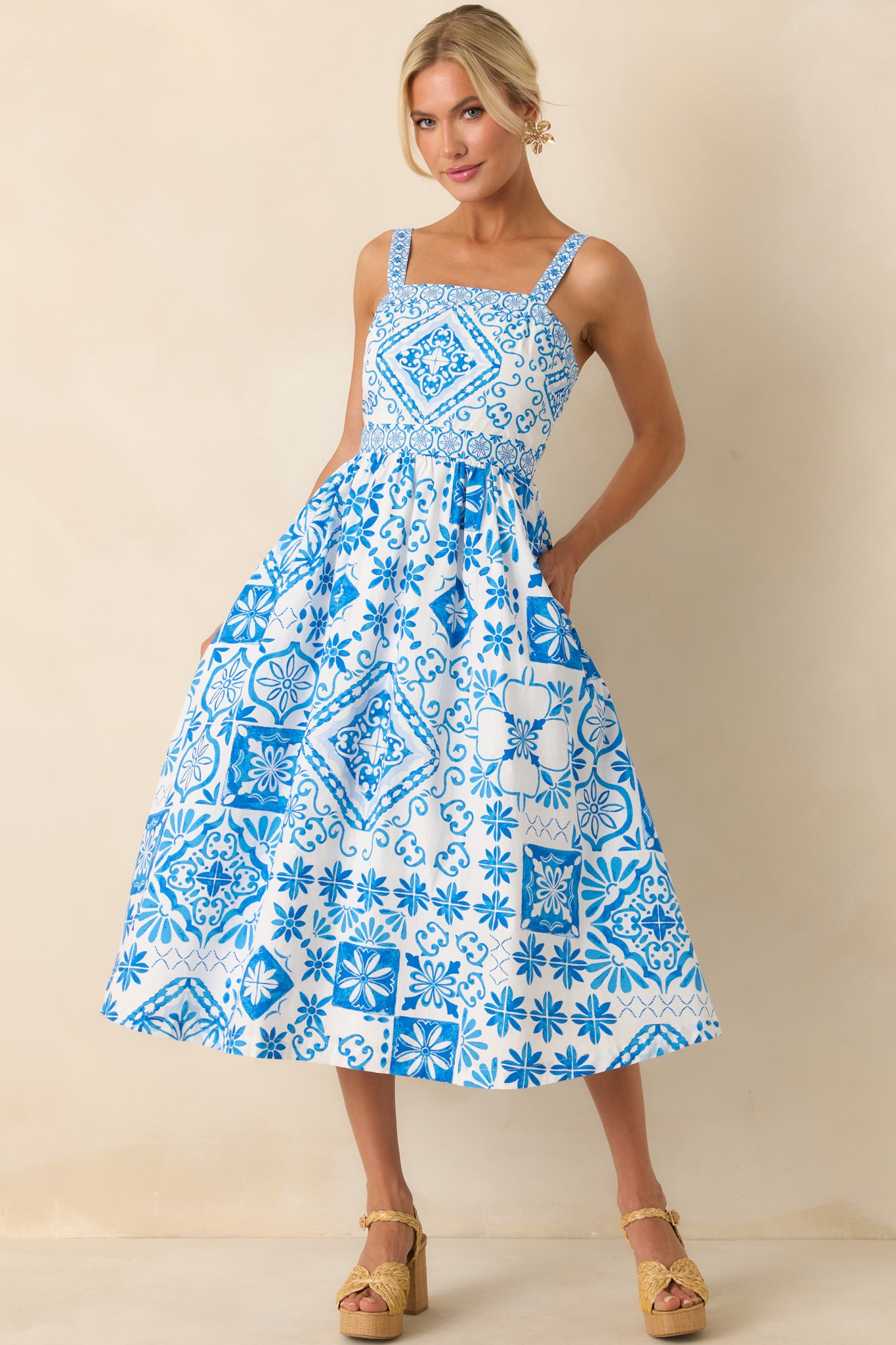 Prosperina Lydia Midi Dress In Blue Tile Print Cotton | Red Dress Prosperina Lydia Midi Dress In Blue Tile Print Cotton | Red Dress