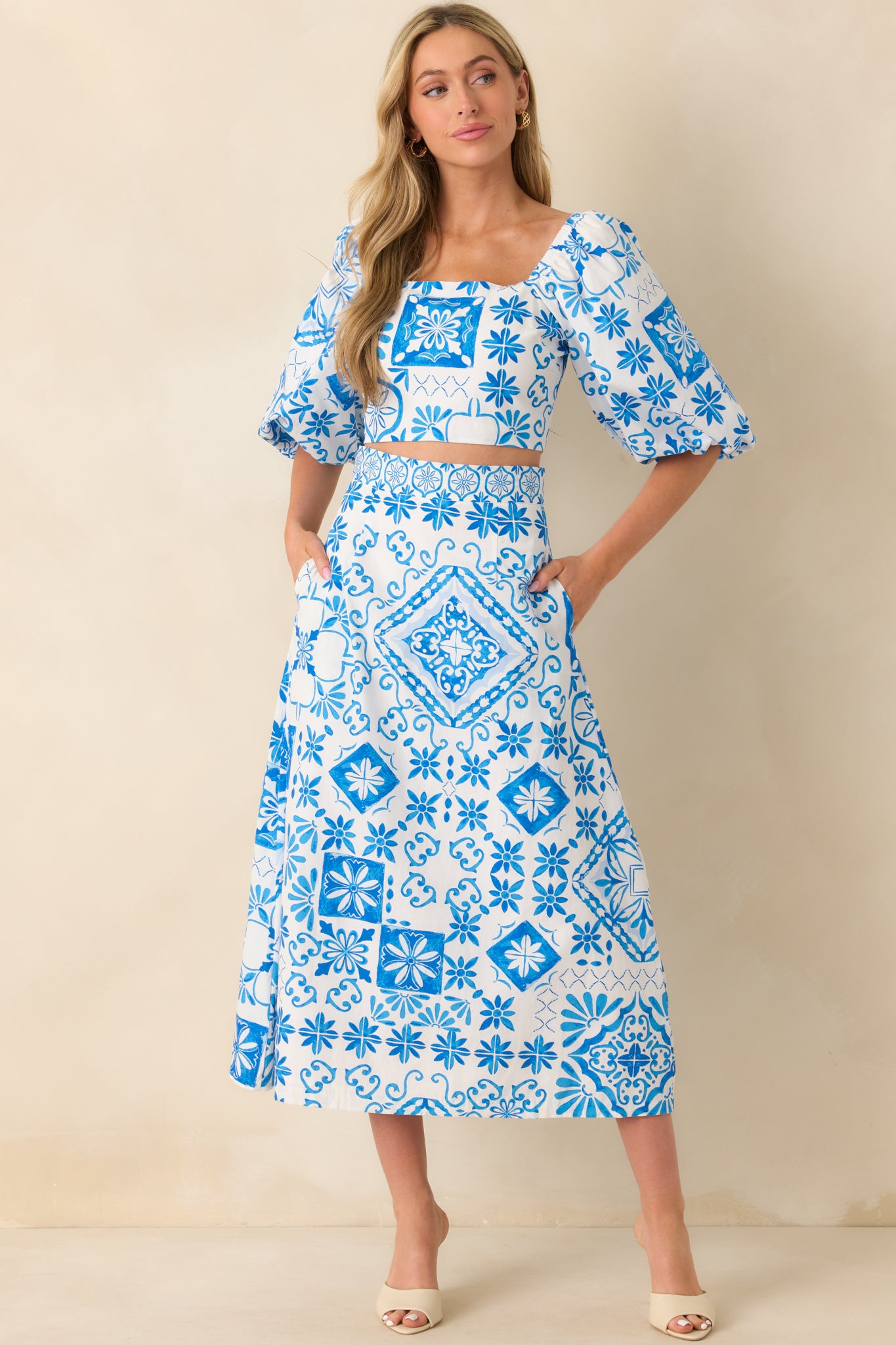 Women's Hemingway Blue Tile Print Cotton Midi Skirt | Size: S | Red Dress Women's Hemingway Blue Tile Print Cotton Midi Skirt | Size: S | Red Dress