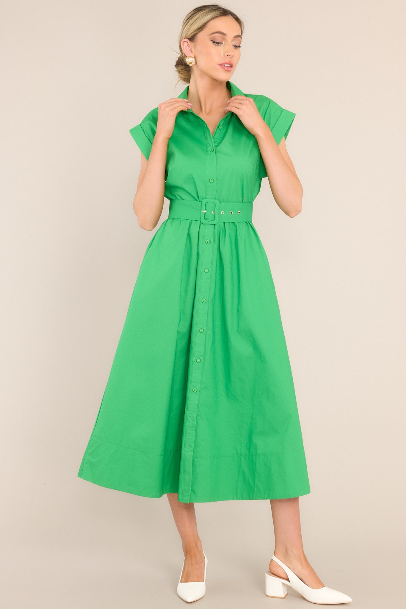 Kelly Green Belted Button Front Midi Dress - All Dresses Kelly Green Belted Button Front Midi Dress - All Dresses