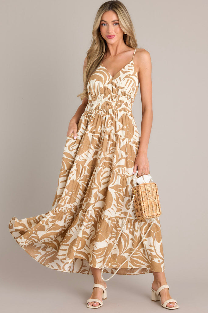 Tan Tropical Print Maxi Dress