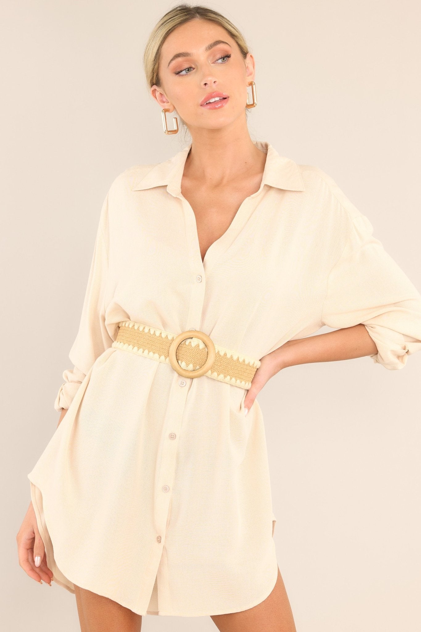 Beige Button Front Shirt Dress - All Dresses | Red Dress Beige Button Front Shirt Dress - All Dresses | Red Dress