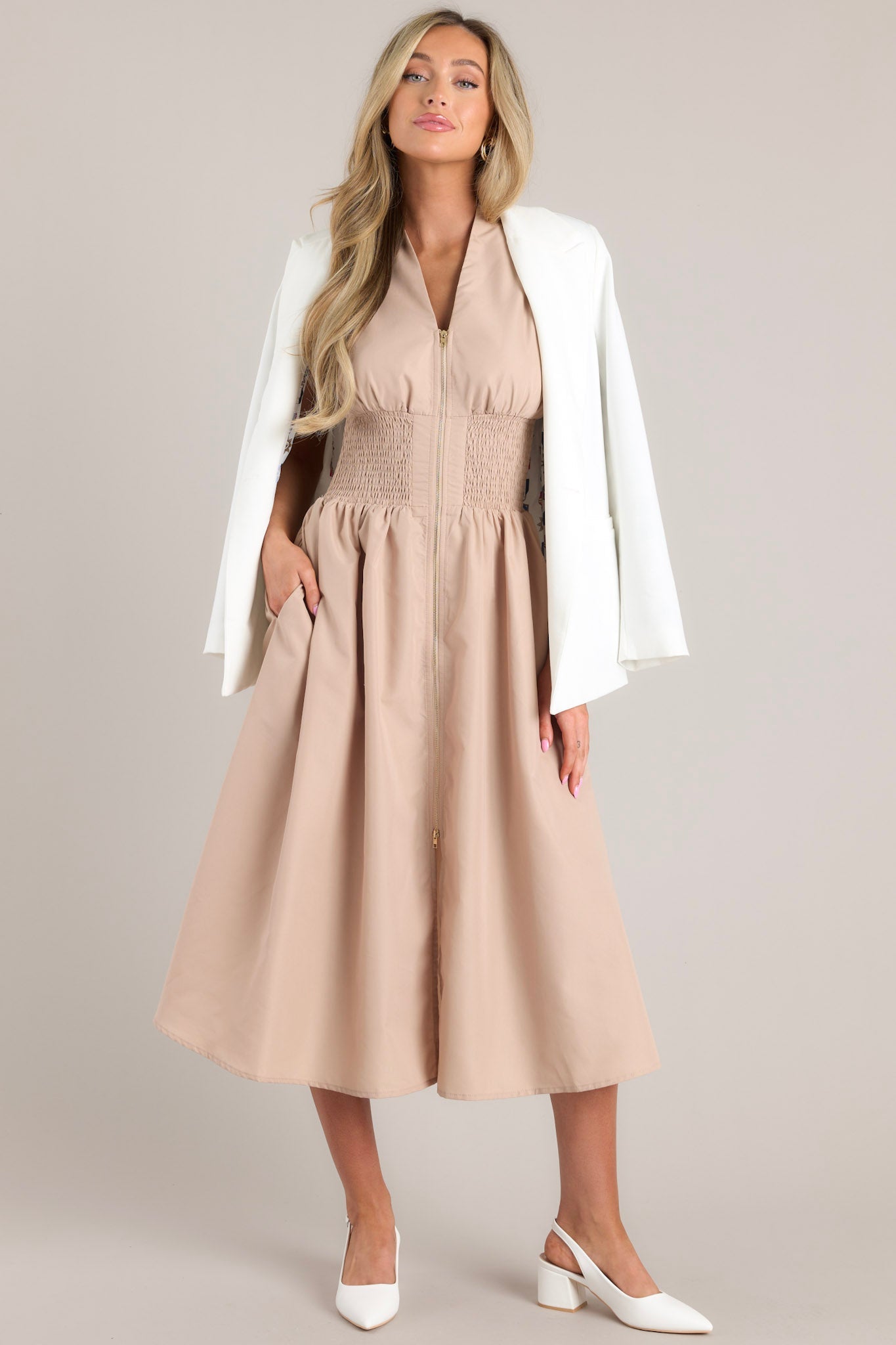 The Evette Tan Smocked Midi Dress - All Dresses | Red Dress The Evette Tan Smocked Midi Dress - All Dresses | Red Dress