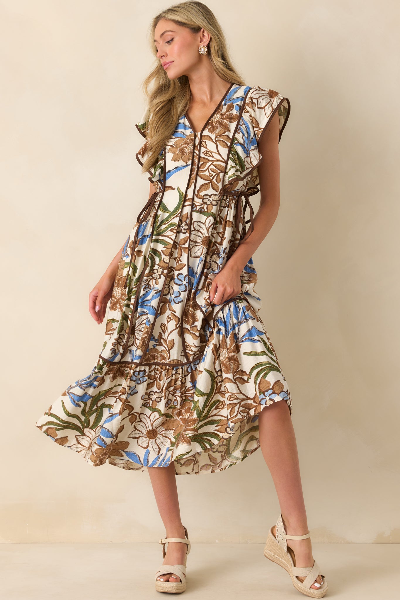 Brown Multi Floral Print Midi Dress Casual Dresses Red Dress
