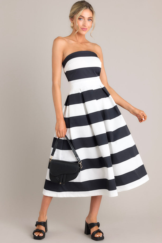 Black & White Stripe Strapless Midi Dress