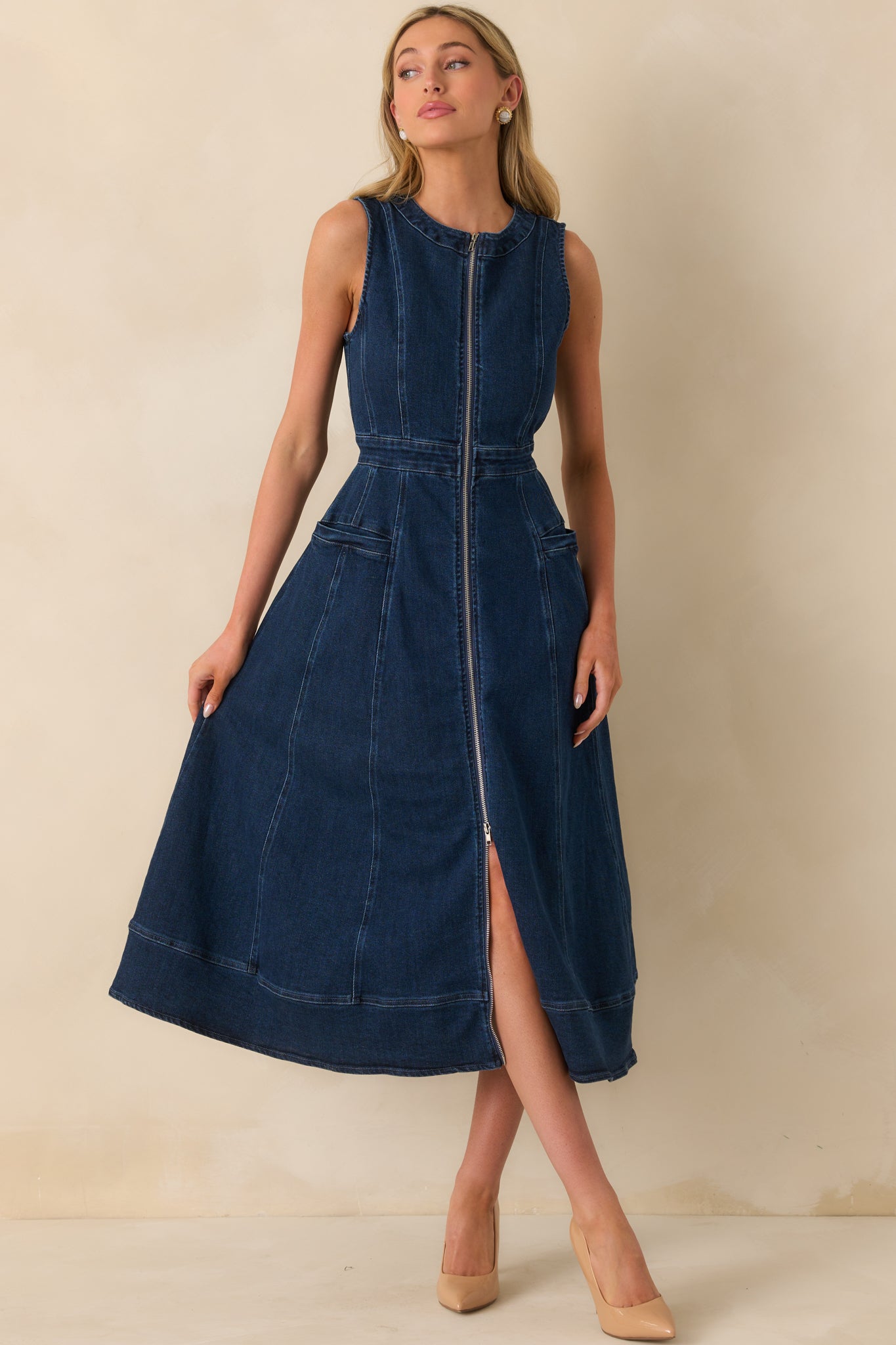 True To Herself Dark Wash Cotton Sleeveless Denim Midi Dress True To Herself Dark Wash Cotton Sleeveless Denim Midi Dress