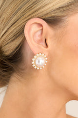Delicate Perfection Gold Pearl Stud Earrings - Red Dress