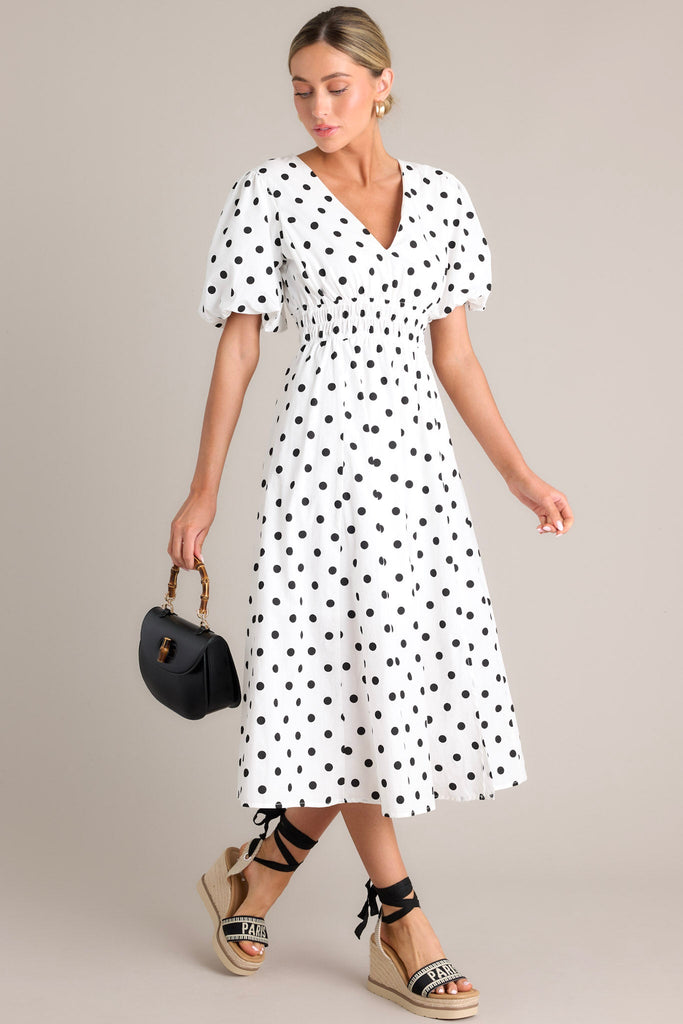 White & Black Polka Dot Midi Dress