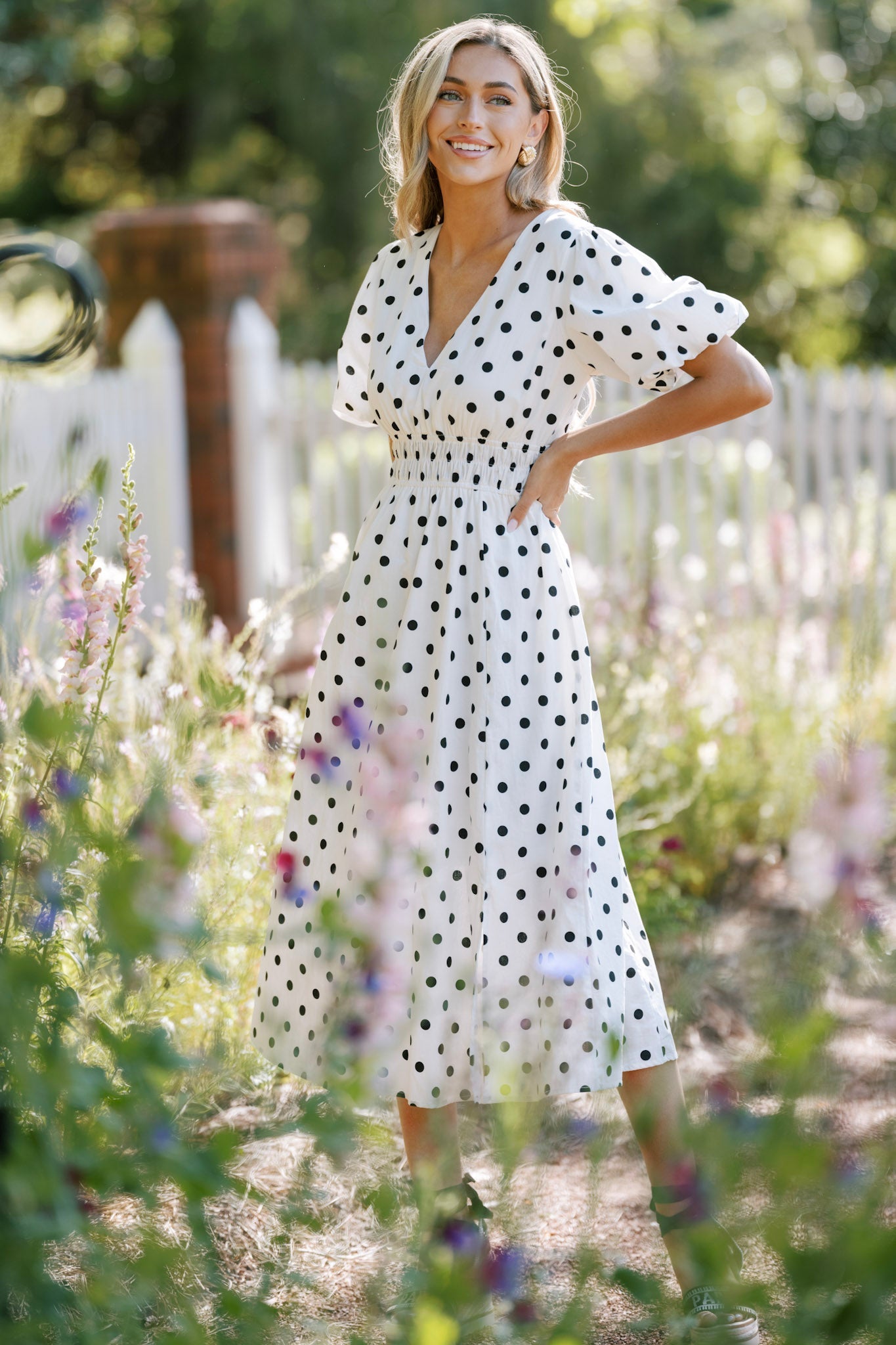 Dotted Delight White Black Polka Dot Midi Dress - Main Image