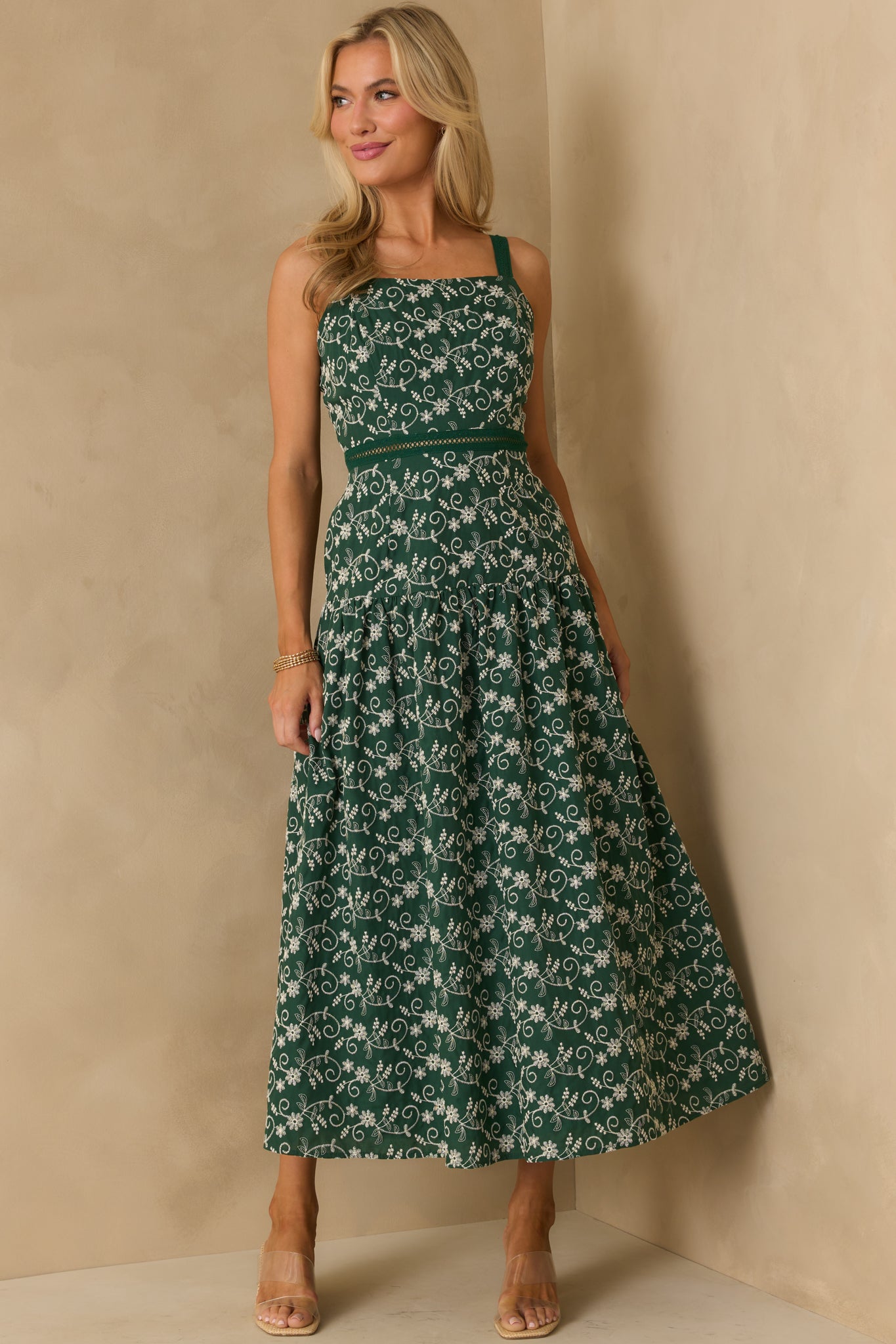 Full-length view emphasizing the balance of the square neckline, wide straps, and the relaxed fit of the lower skirt.