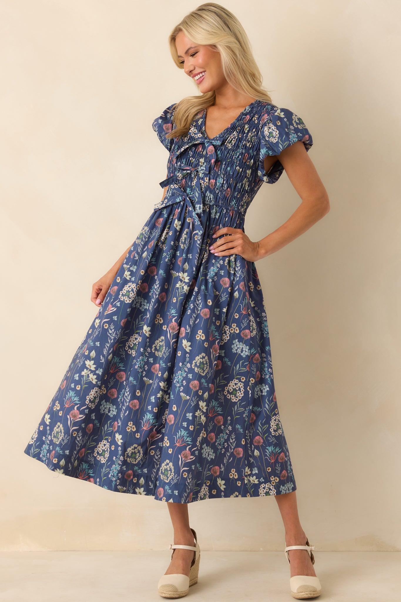 A Subtle Shift Dusty Blue Multi Floral Print Cotton Midi Dress A Subtle Shift Dusty Blue Multi Floral Print Cotton Midi Dress