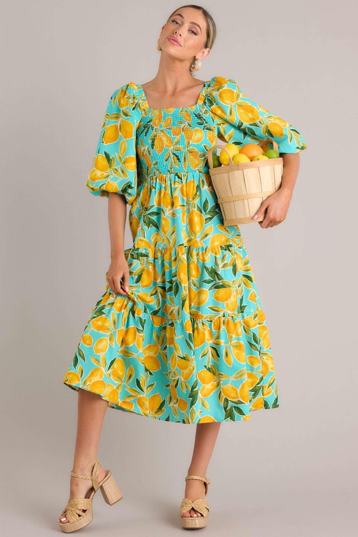 Lemon Print Aqua Puff Sleeve Midi Dress - All Dresses | Red Dress Lemon Print Aqua Puff Sleeve Midi Dress - All Dresses | Red Dress