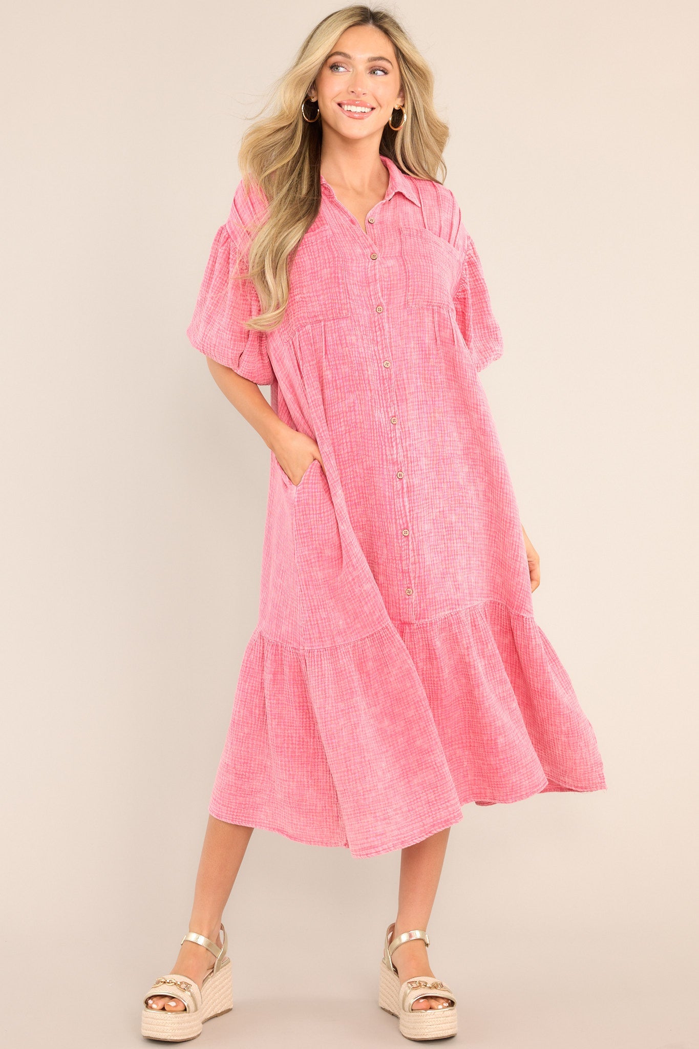 Find Balance Hot Pink Gauze Midi Dress Find Balance Hot Pink Gauze Midi Dress