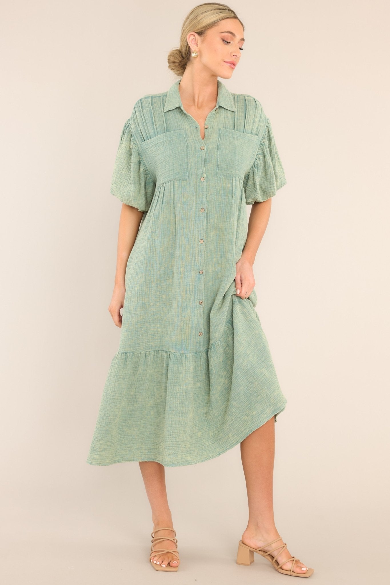 Sage Gauze Button Front Midi Dress - All Dresses | Red Dress Sage Gauze Button Front Midi Dress - All Dresses | Red Dress