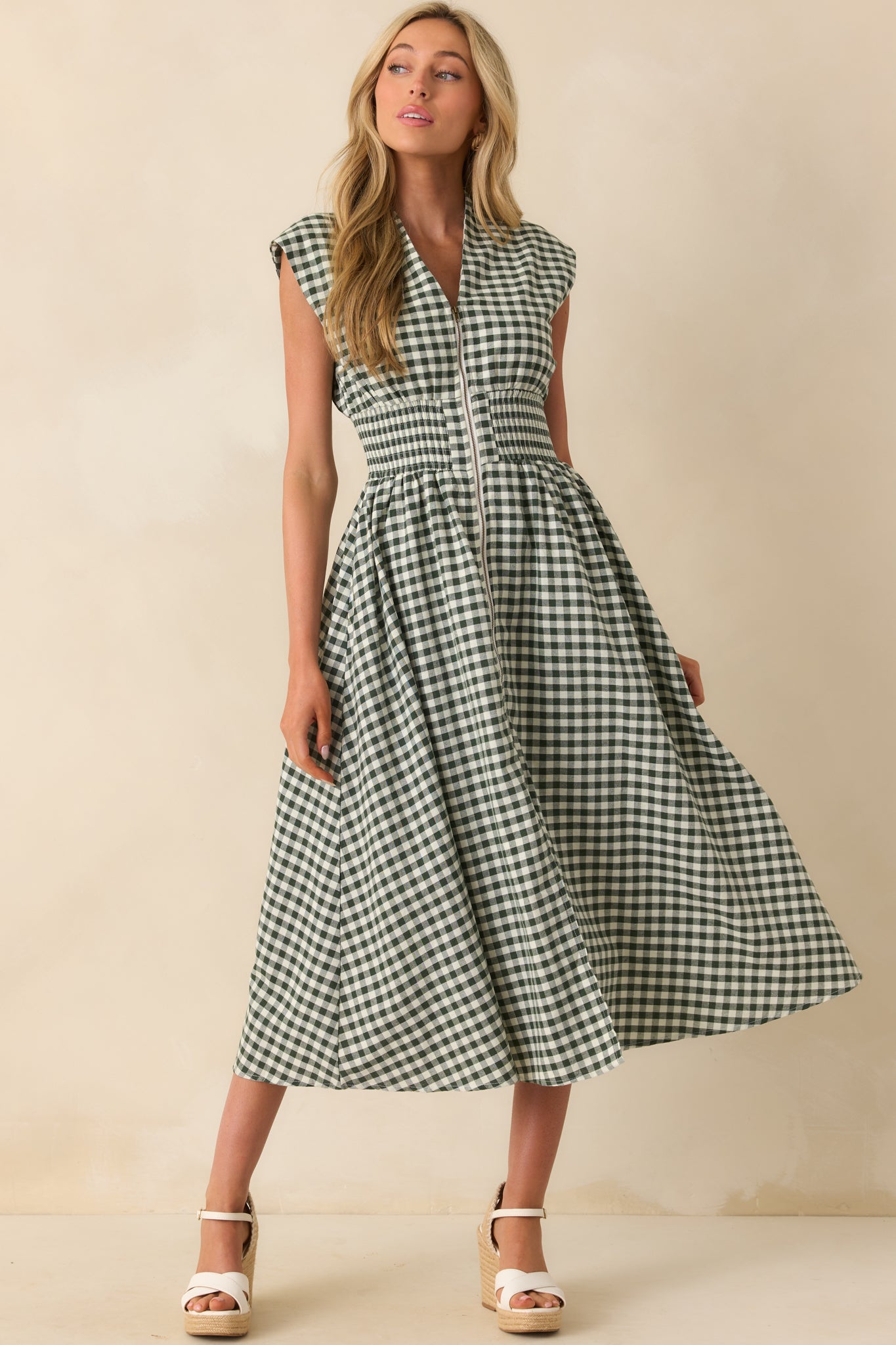 The Evette Forest Green Gingham Cotton Zip Front Midi Dress The Evette Forest Green Gingham Cotton Zip Front Midi Dress