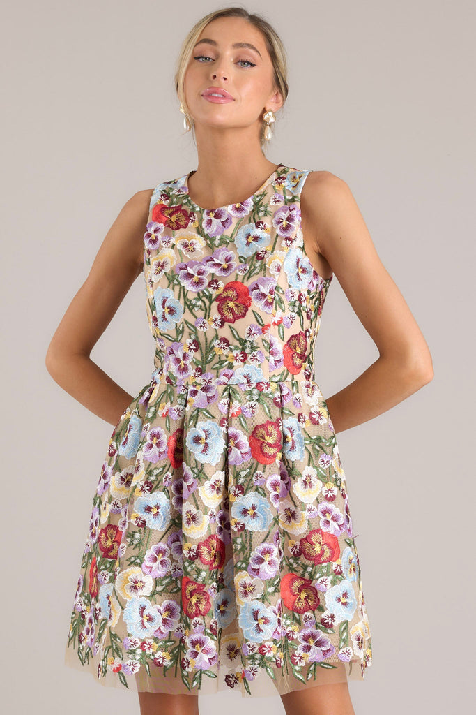 Natural Floral Embroidered Mini Dress