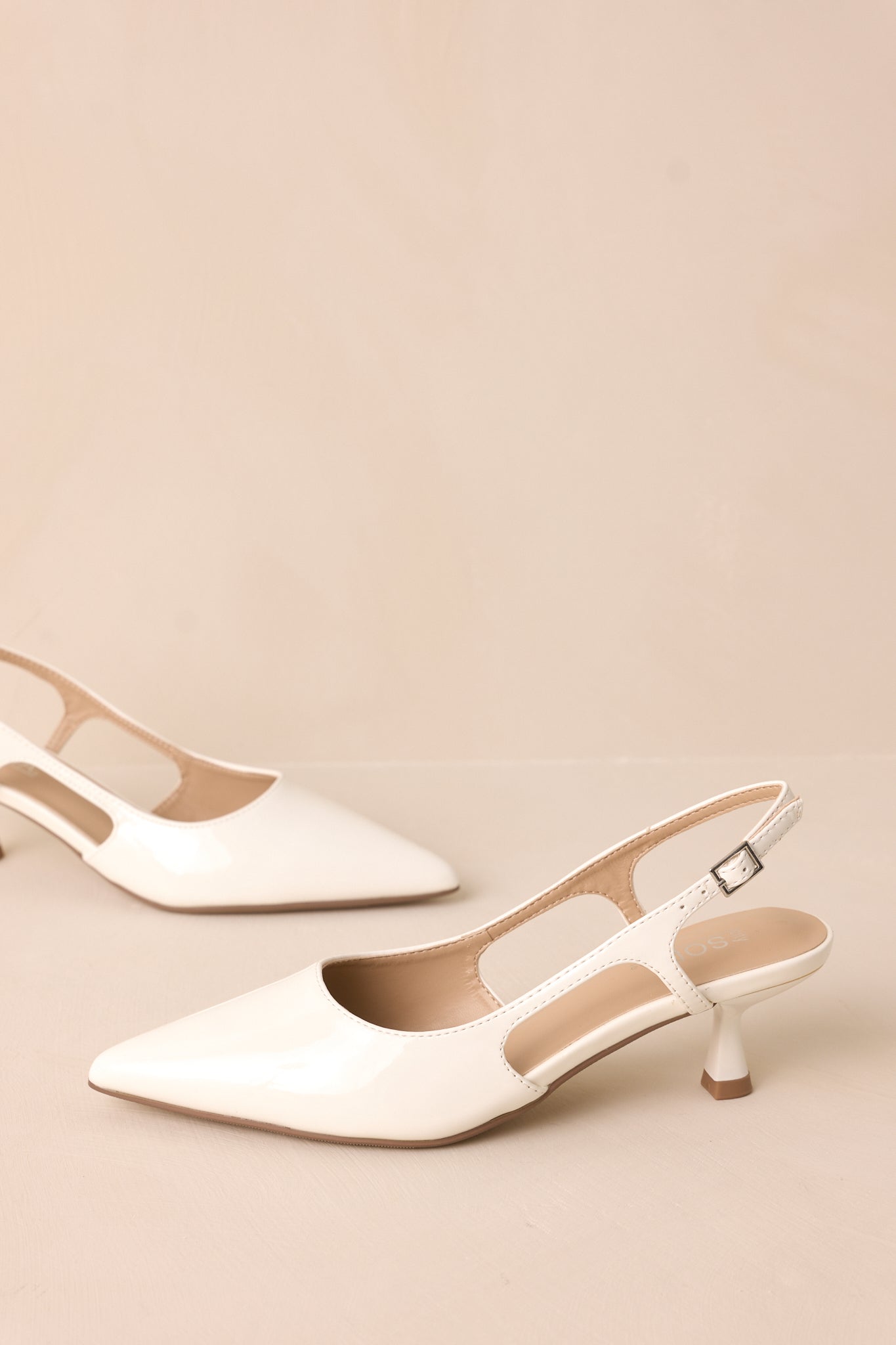 Gold buckle pointed-toe heel with side cutout both shoes on a solid background.