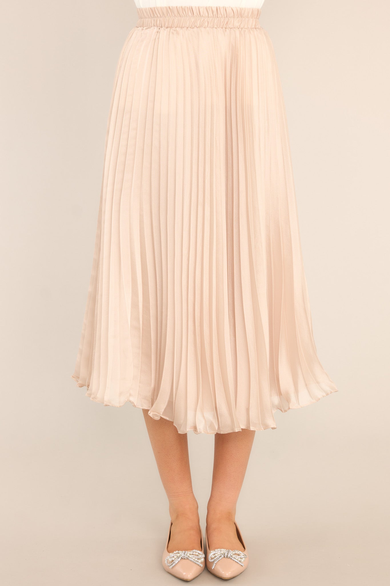 Graceful Champagne Pleated Satin Midi Skirt - Red Dress