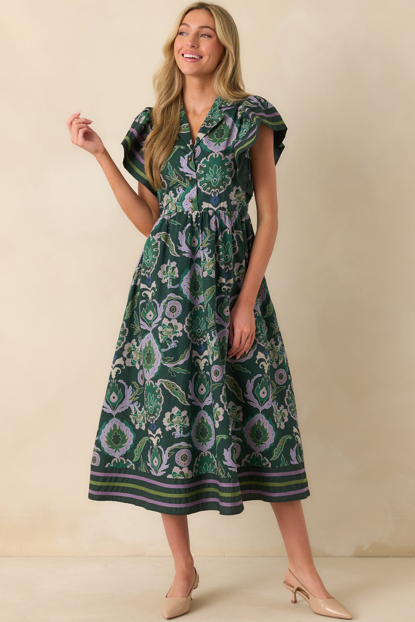 Still Thinking About Her Green Multi Print Cotton Midi Dress Still Thinking About Her Green Multi Print Cotton Midi Dress