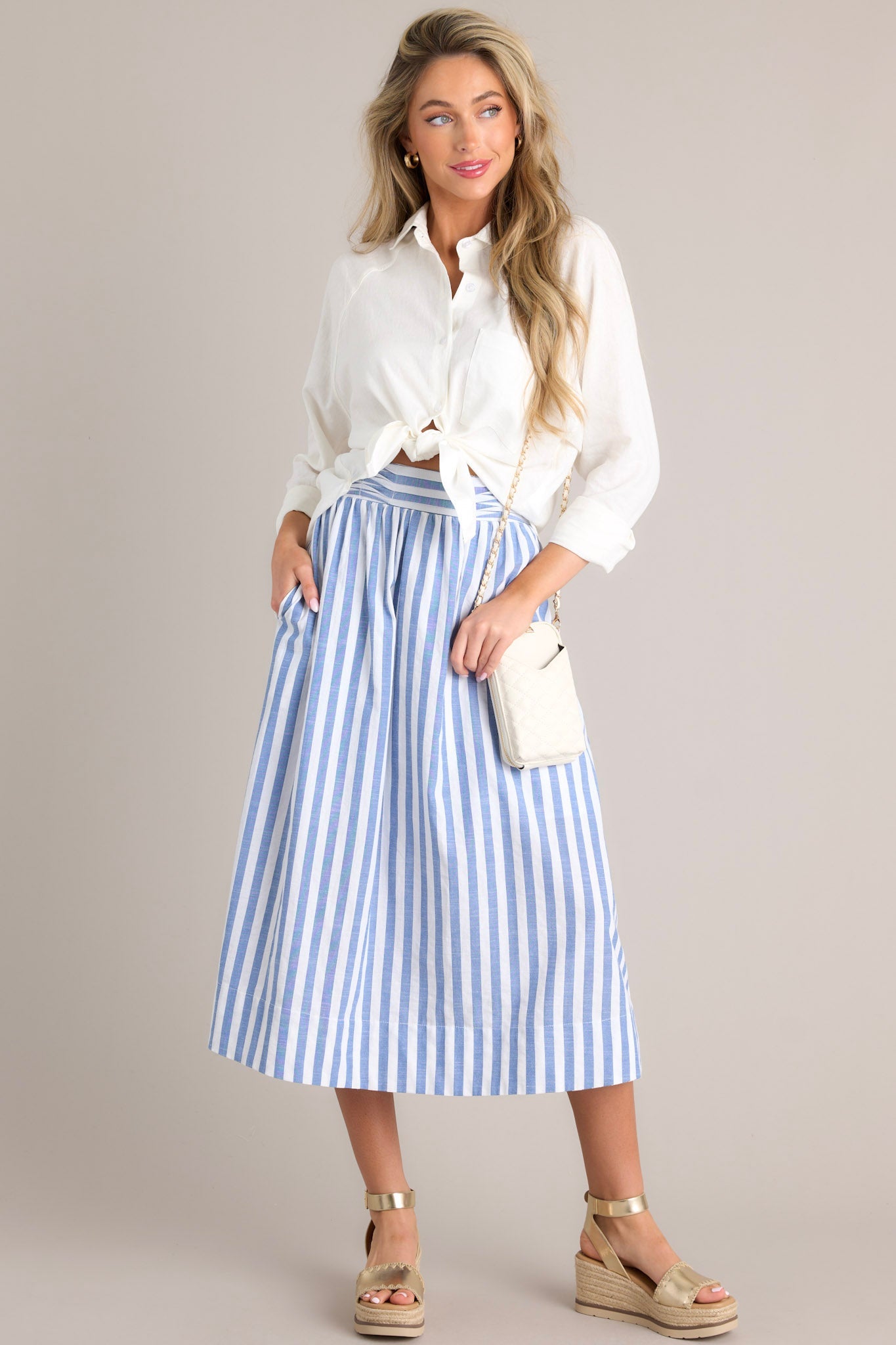 Hampton Serenade Striped Blue Midi Skirt - Red Dress