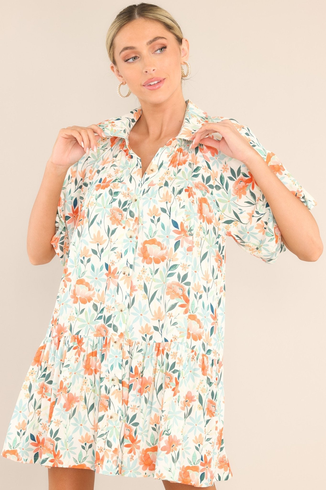 Happiness Found Orange Floral Button Front Mini Dress - Red Dress