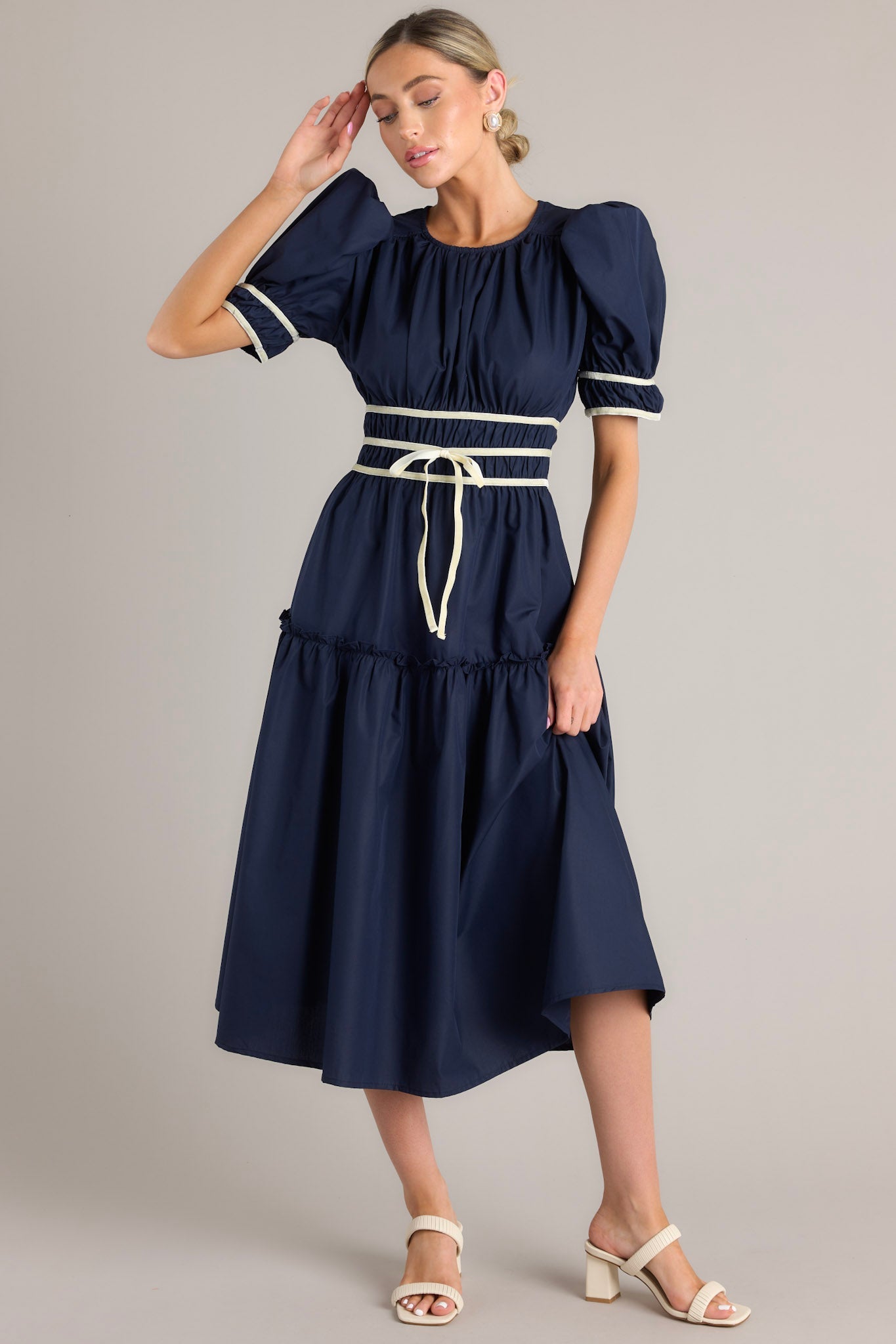 navy dress red belt Vintage 80s Secretary Dress Womens Size M Blue Pinstripe Red Belt New Deadstock