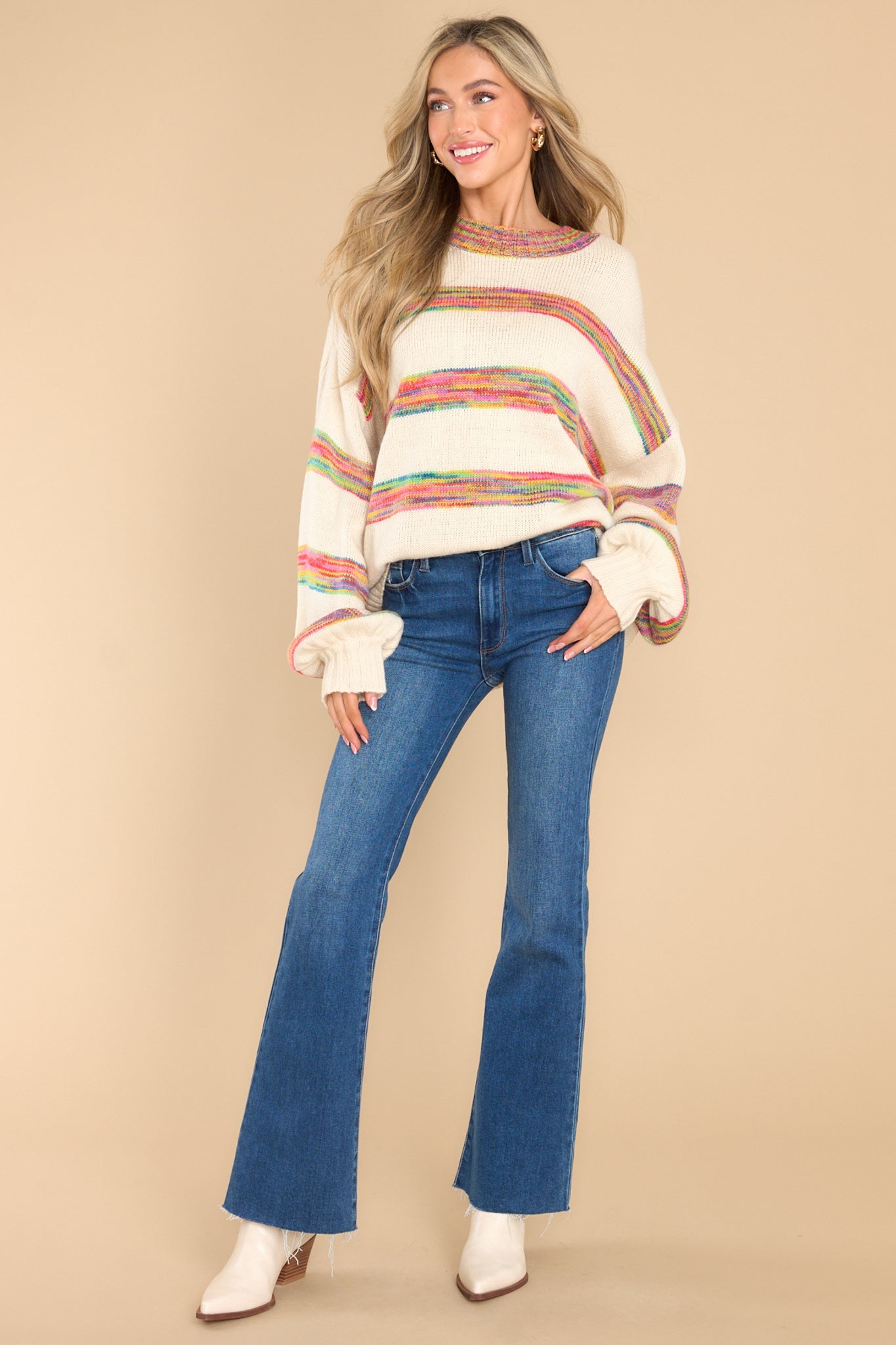 Holding On Tight Ivory Multi Stripe Sweater - Red Dress