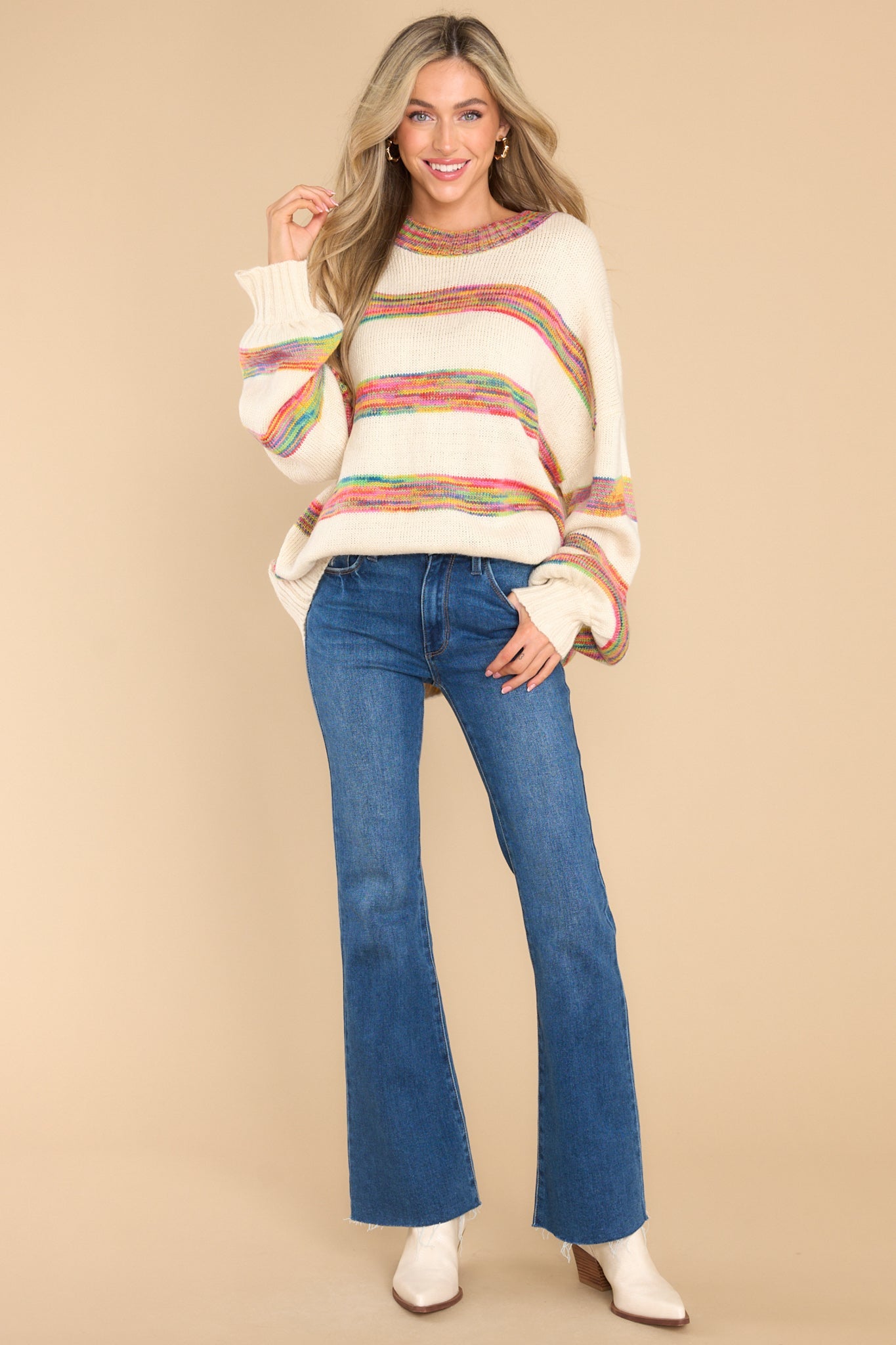 Holding On Tight Ivory Multi Stripe Sweater - Red Dress