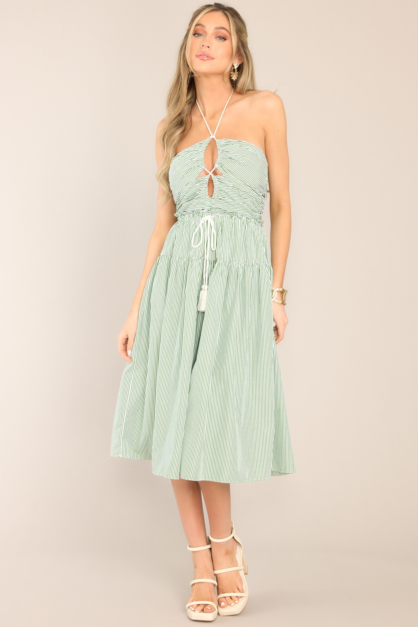 green and white striped halter dress Red Dress | Green & White Stripe Halter Maxi Dress