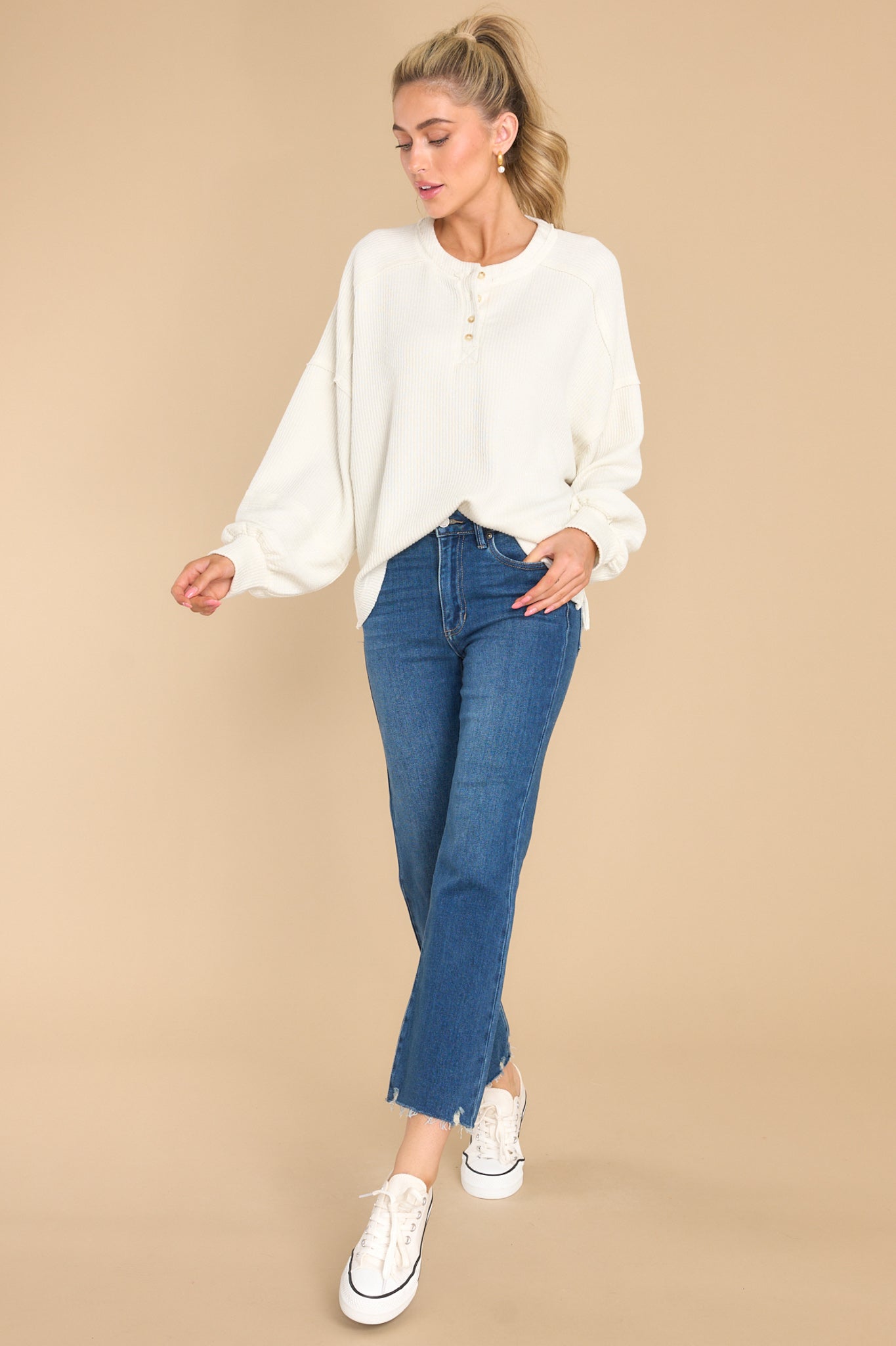 Infinite Comfort Ivory Knit Long Sleeve Top - Red Dress