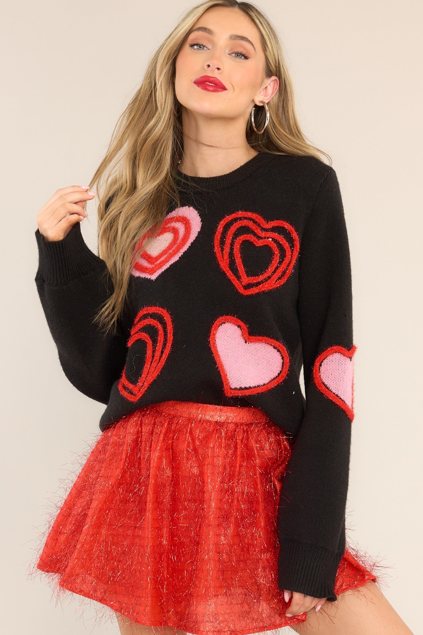 Black Sweater Embroidered With Red & Pink Hearts - Tops Black Sweater Embroidered With Red & Pink Hearts - Tops