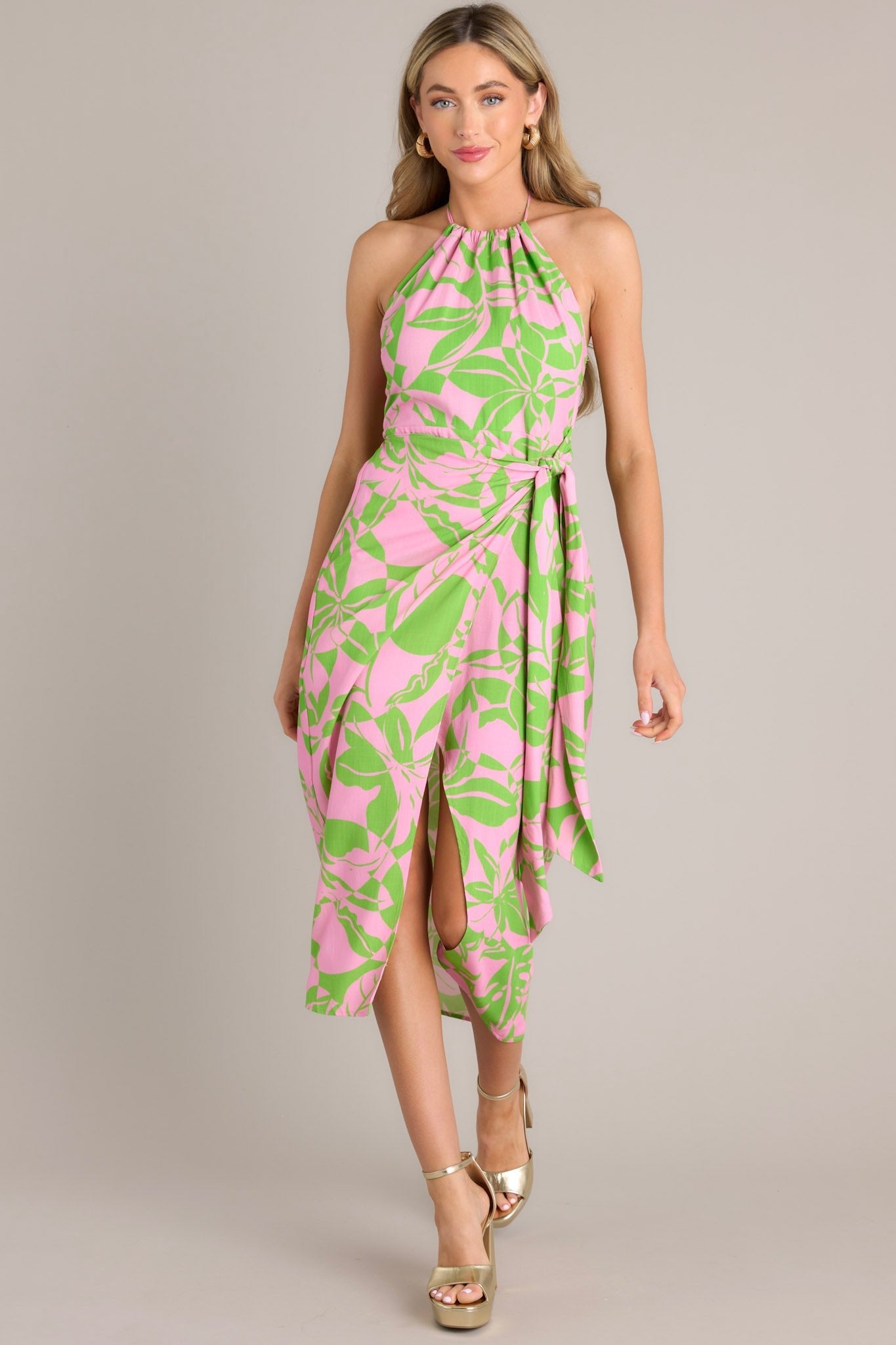 Pink & Green Tropical Print Halter Midi Dress- All Dresses | Red Dress Pink & Green Tropical Print Halter Midi Dress- All Dresses | Red Dress