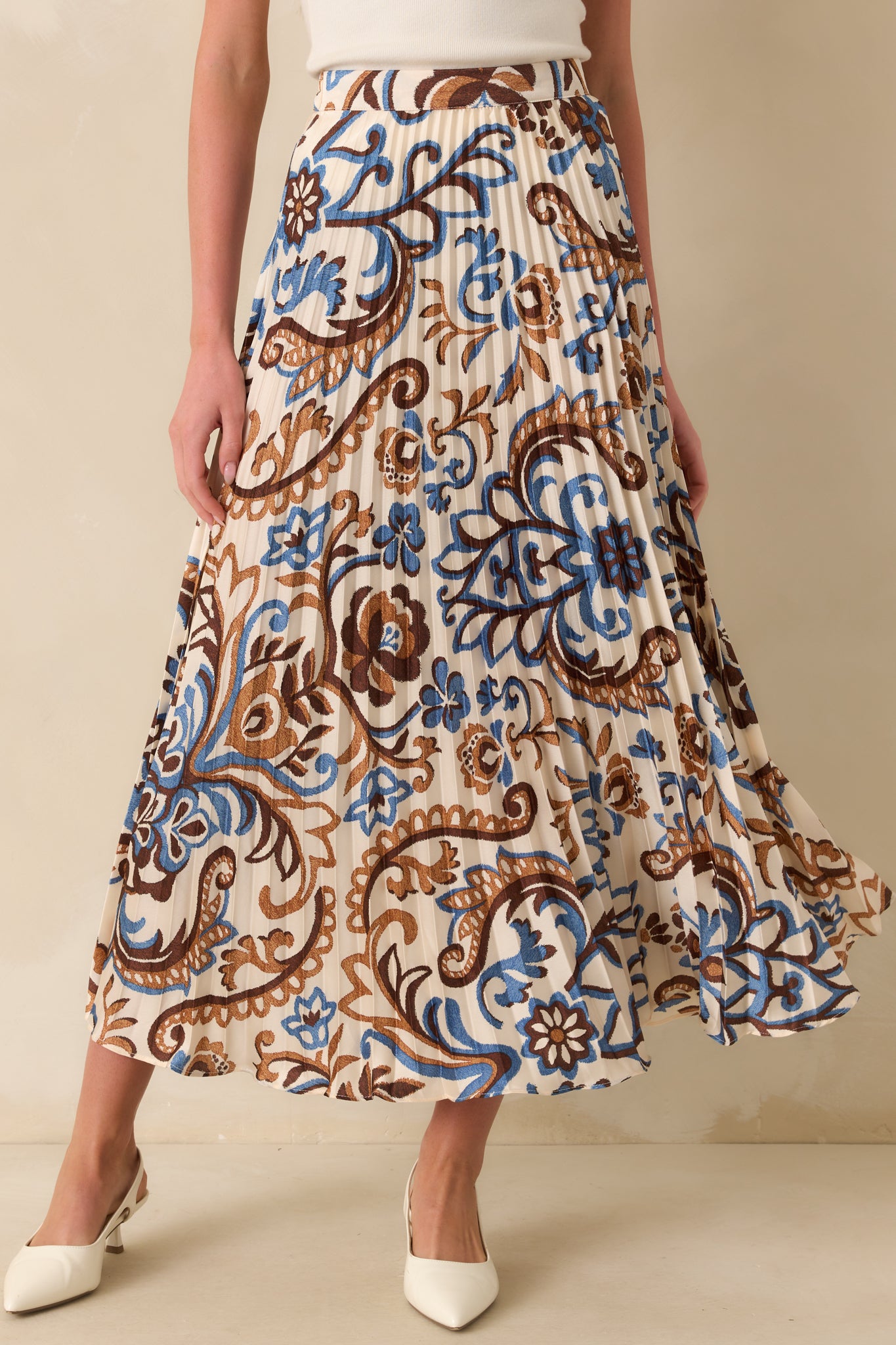 Ivory Multi Print Satin Pleated Skirt - Maxi Skirts