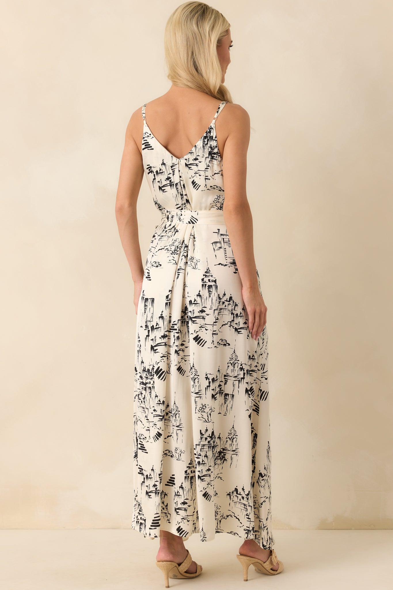 Rear view of the dress displaying the V-back design, adjustable straps, and the continued scenic print from bodice to hem.