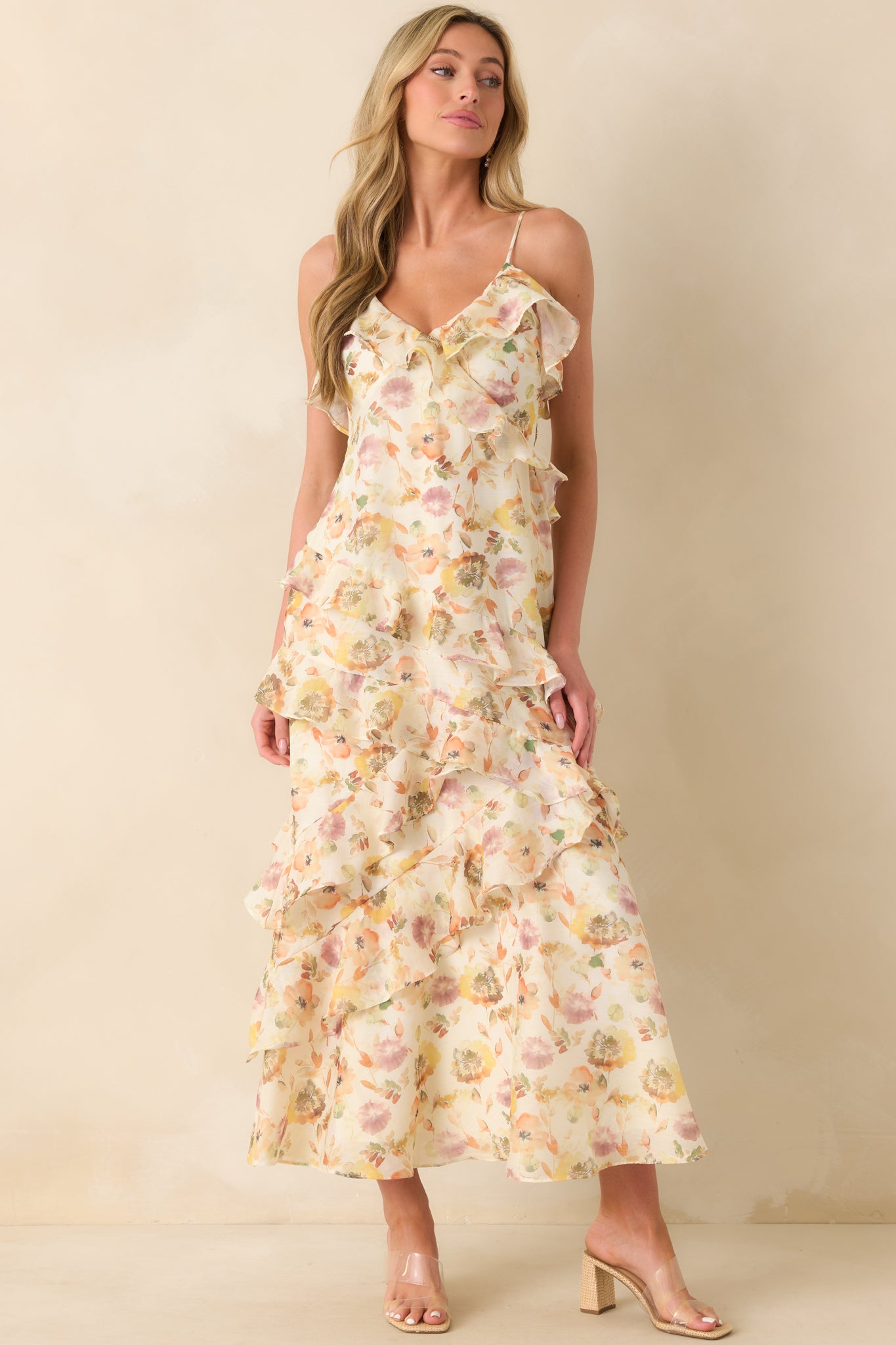 A front-facing full body shot emphasizing the floral print and lightweight chiffon fabric.